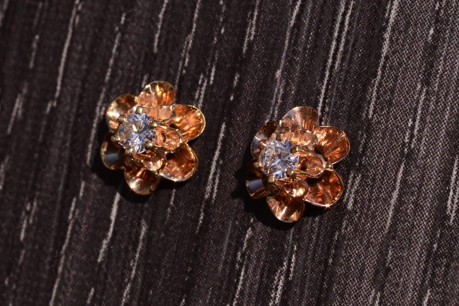 SOLD - The Butter: Vintage Rose Gold Diamond Buttercup Stud Earrings - Image 3