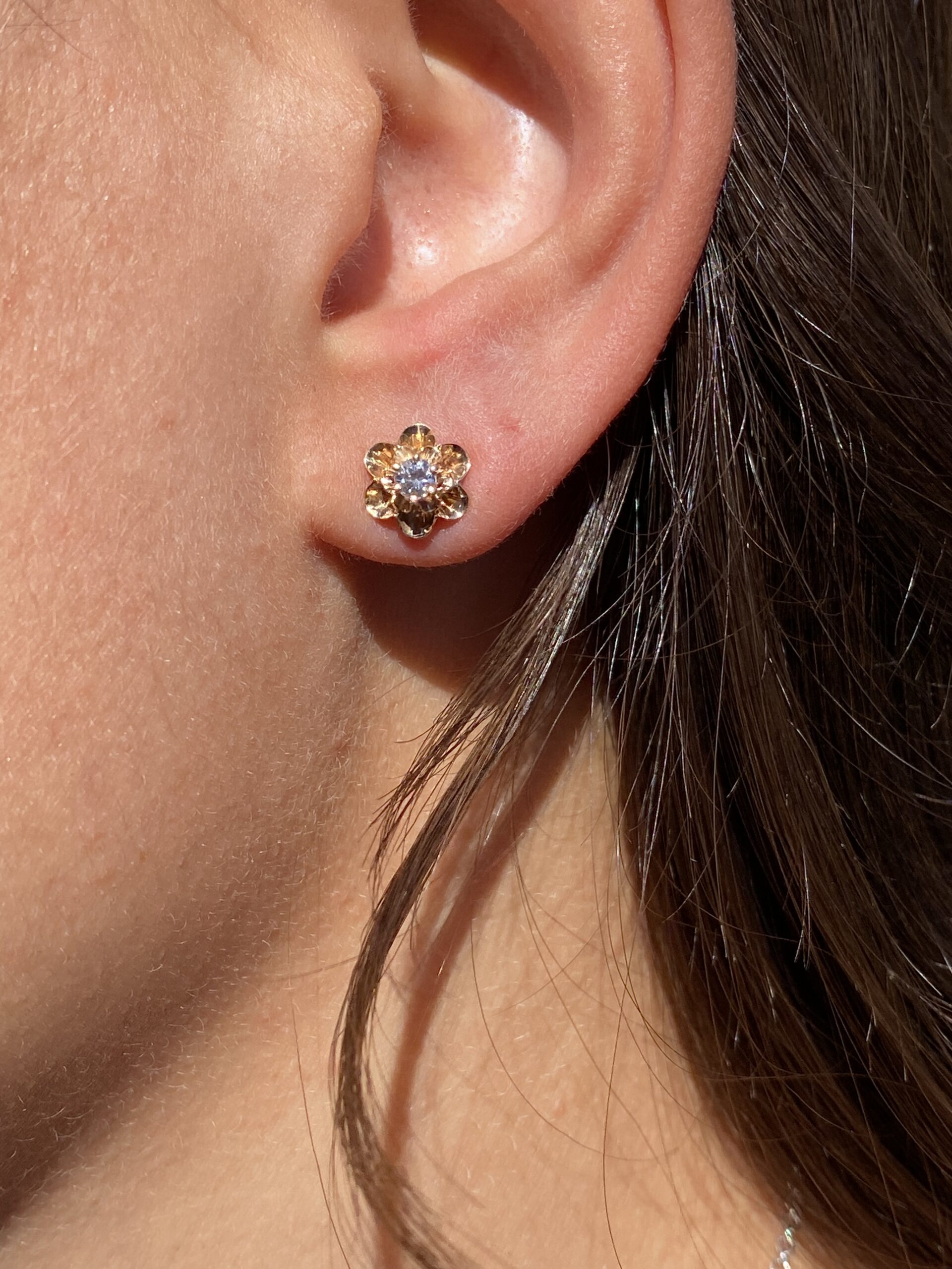SOLD - The Butter: Vintage Rose Gold Diamond Buttercup Stud Earrings - Image 5