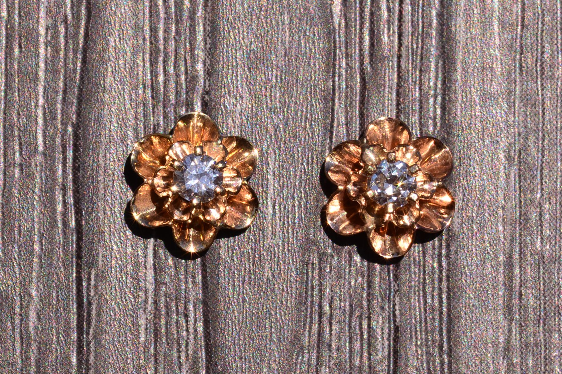 SOLD - The Butter: Vintage Rose Gold Diamond Buttercup Stud Earrings - Image 2
