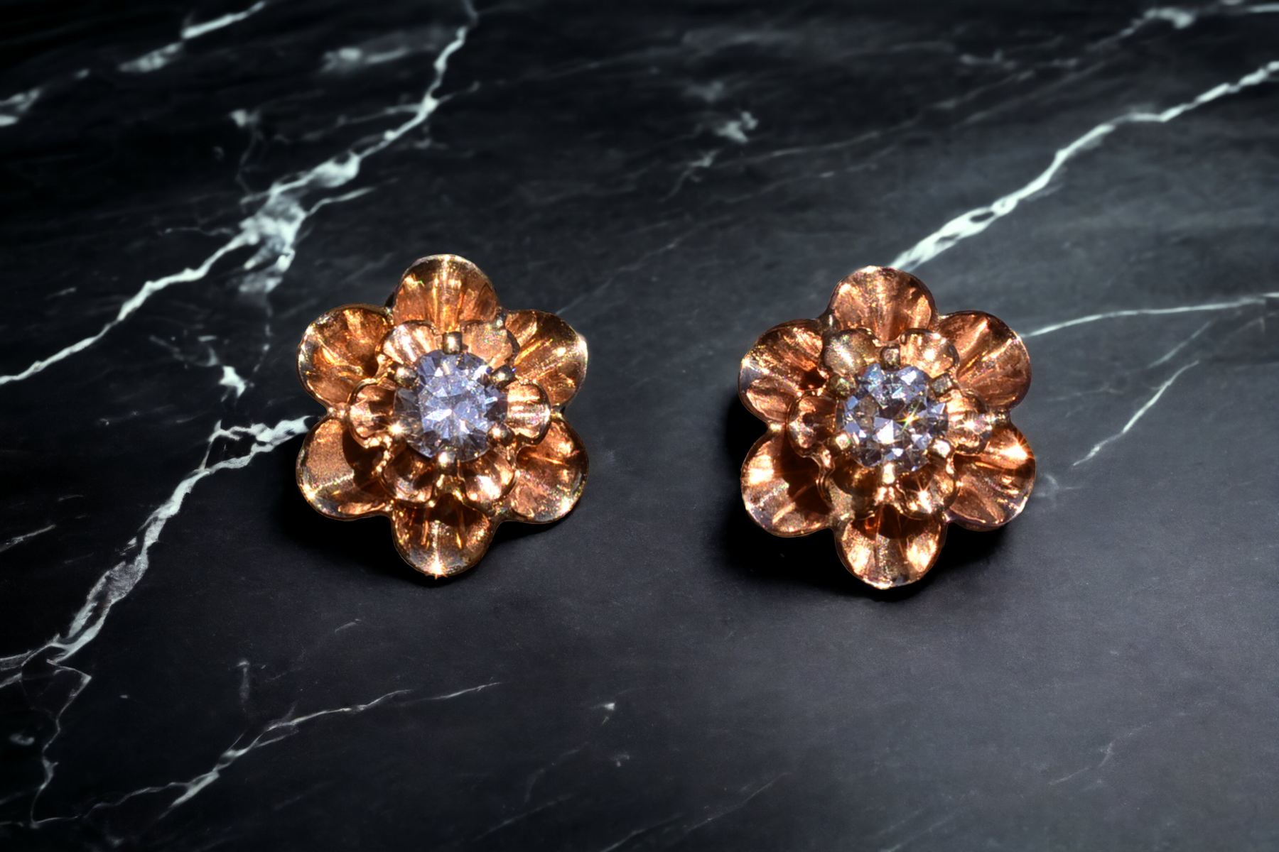 SOLD - The Butter: Vintage Rose Gold Diamond Buttercup Stud Earrings - Image 4