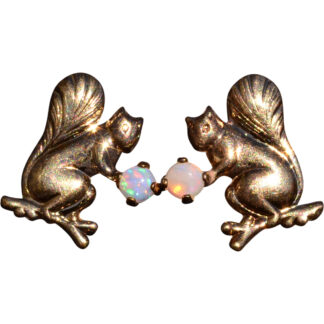 SOLD - The Squirrel:  Yellow Gold Squirrel Earrings with Opal