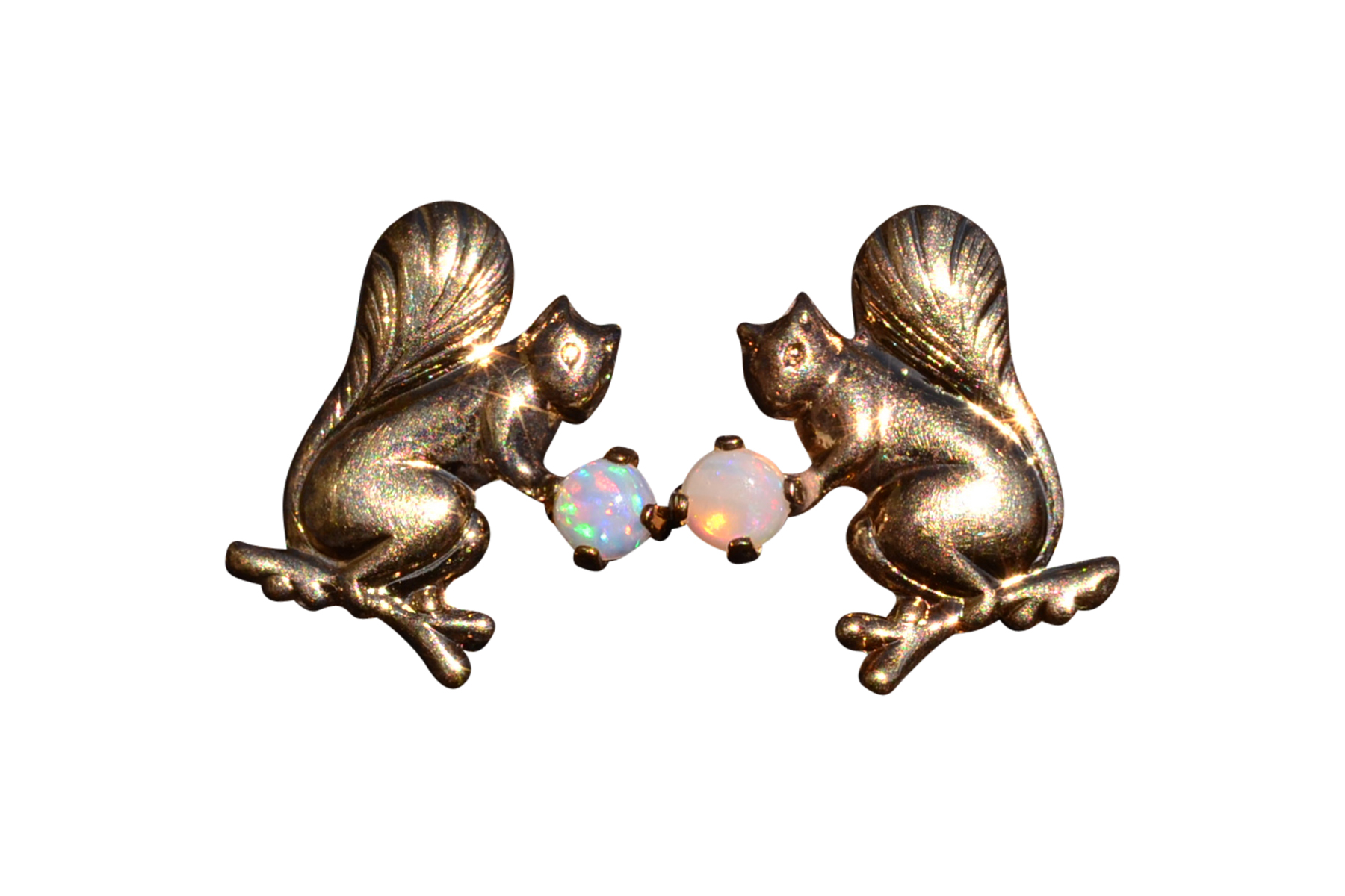 SOLD - The Squirrel: Yellow Gold Squirrel Earrings with Opal