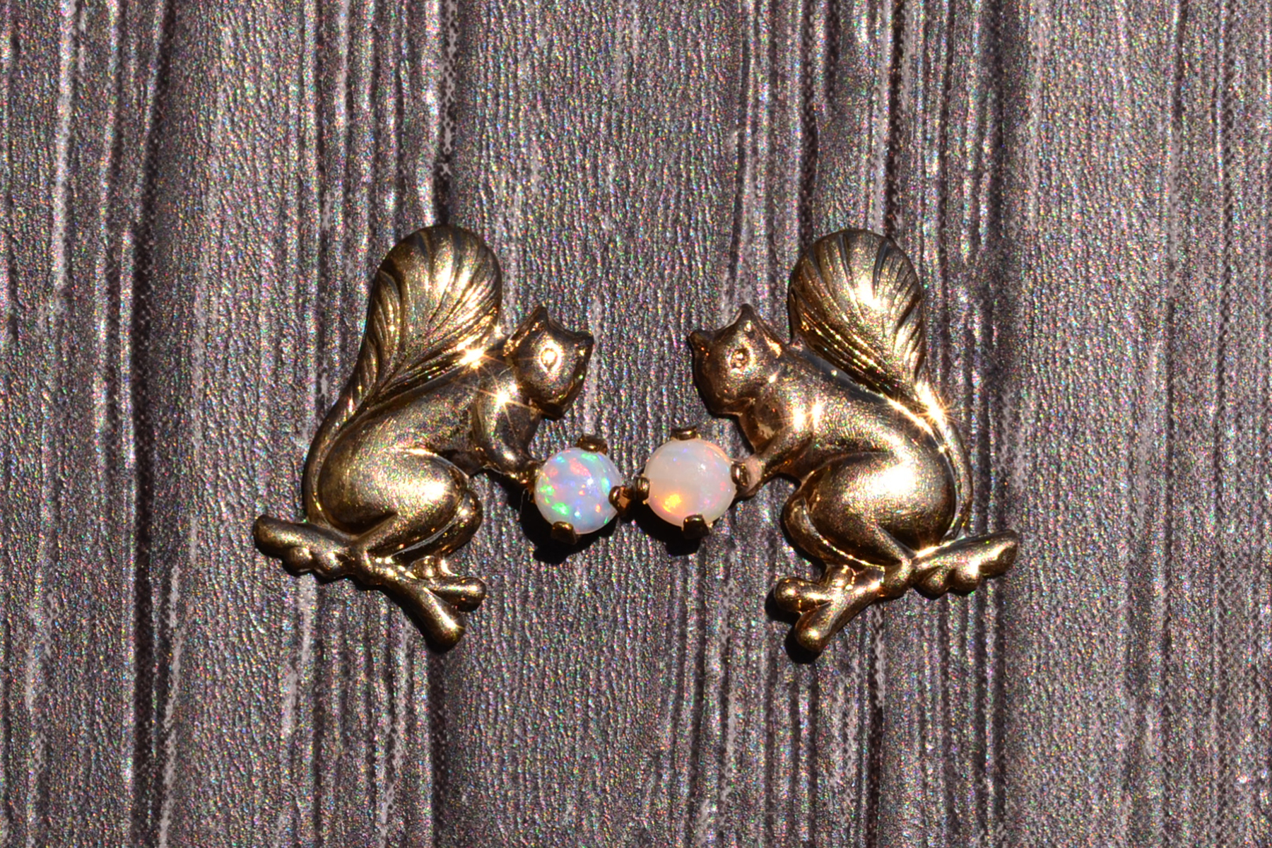 SOLD - The Squirrel: Yellow Gold Squirrel Earrings with Opal - Image 2