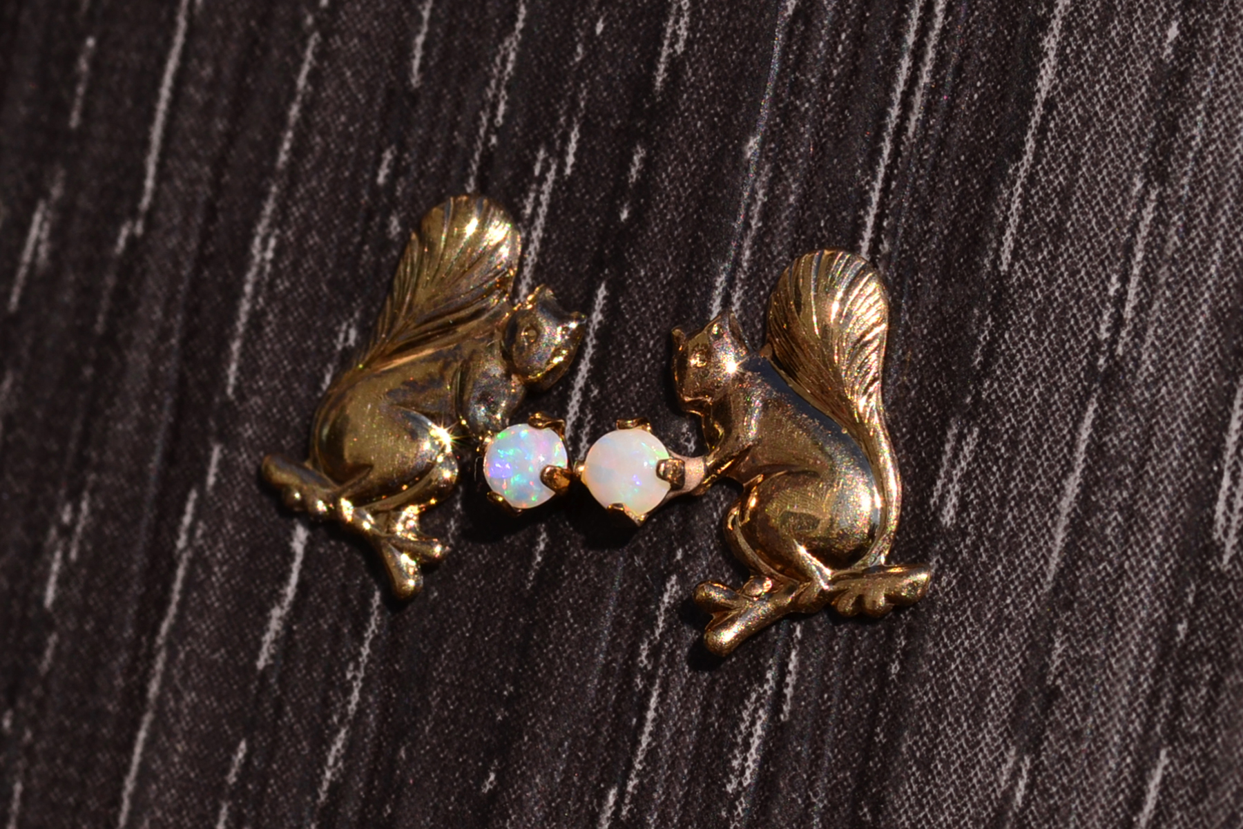SOLD - The Squirrel: Yellow Gold Squirrel Earrings with Opal - Image 3
