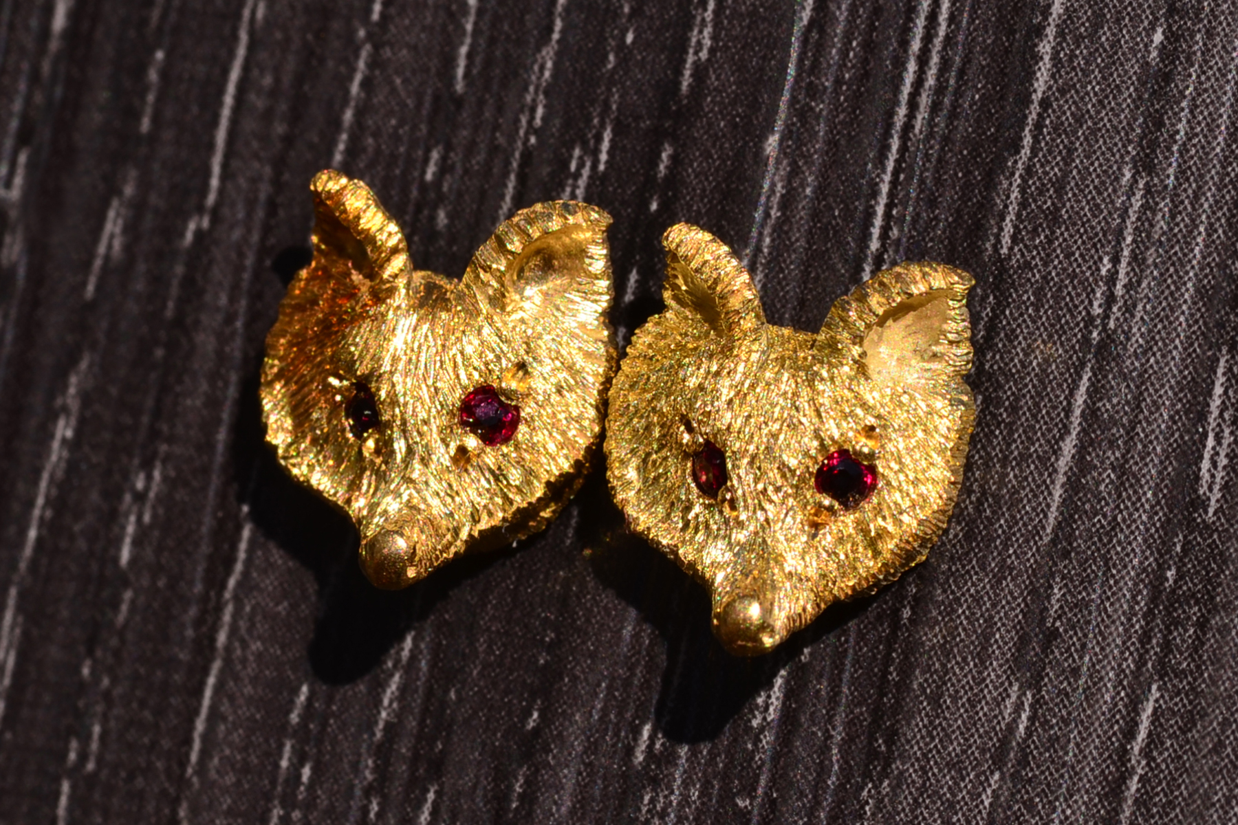 SOLD - The Tarragona: Yellow Gold Fox Earrings with Ruby Eyes - Image 2