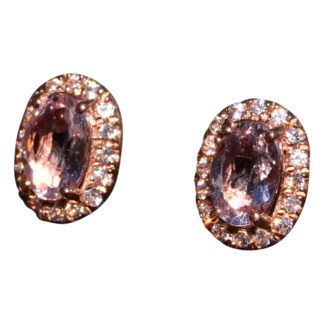 The Bordaux: Morganite and White Sapphire Halo Earrings in Rose Gold