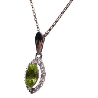 The Eze: Marquise Peridot and Diamond Halo Necklace in White Gold