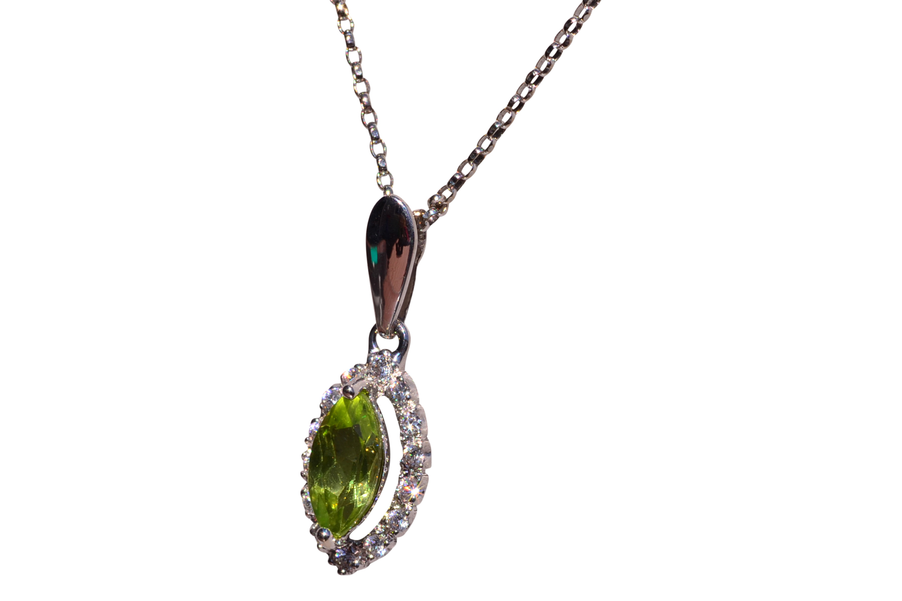 The Eze: Marquise Peridot and Diamond Halo Necklace in White Gold