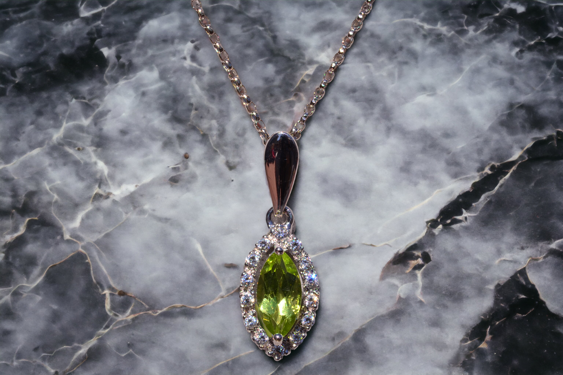 The Eze: Marquise Peridot and Diamond Halo Necklace in White Gold - Image 4