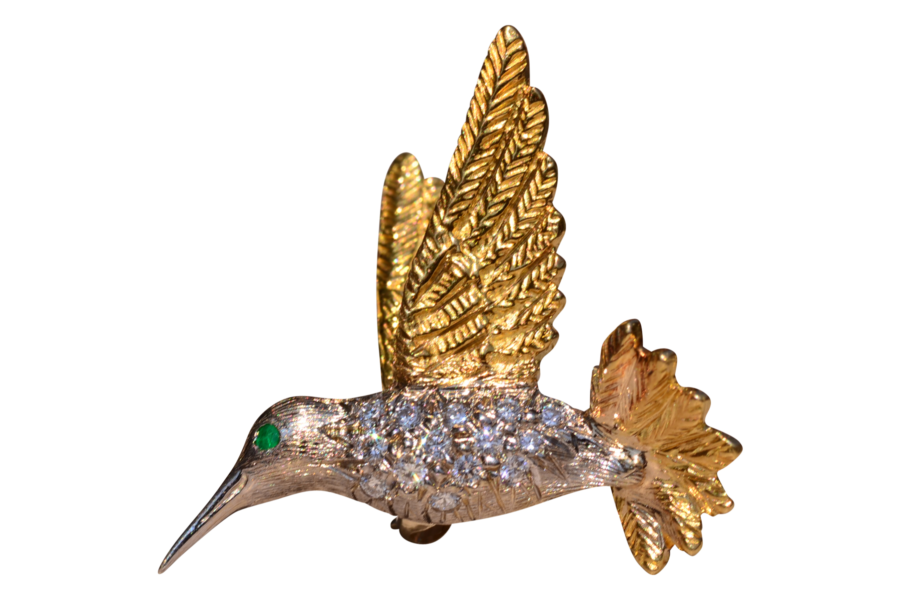 SOLD - The Roundtree: Signed Two Tone Hummingbird with Diamonds and Emerald