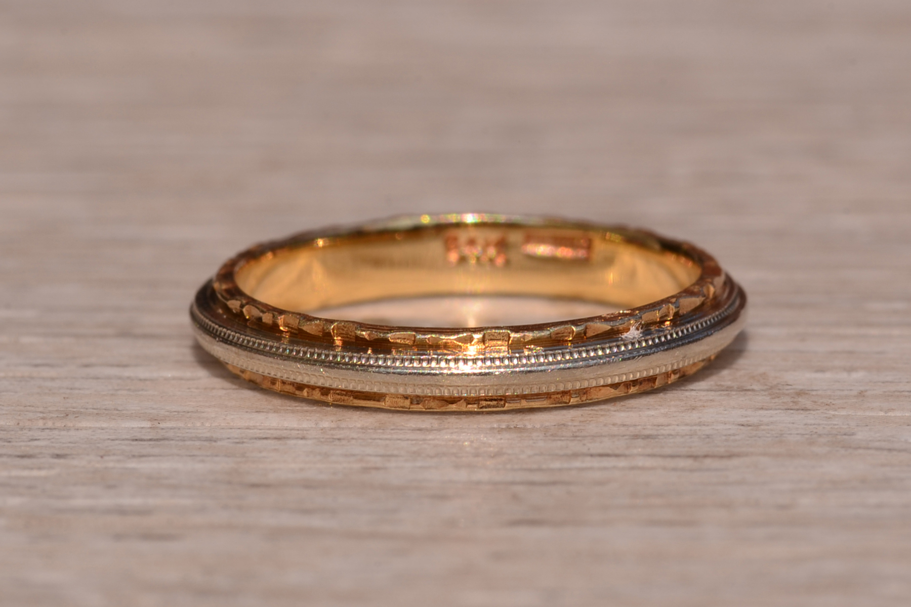 SOLD - The Scrimshaw Lane: Krementz Signed Two Tone Hand Engraved Wedding Band - Image 2