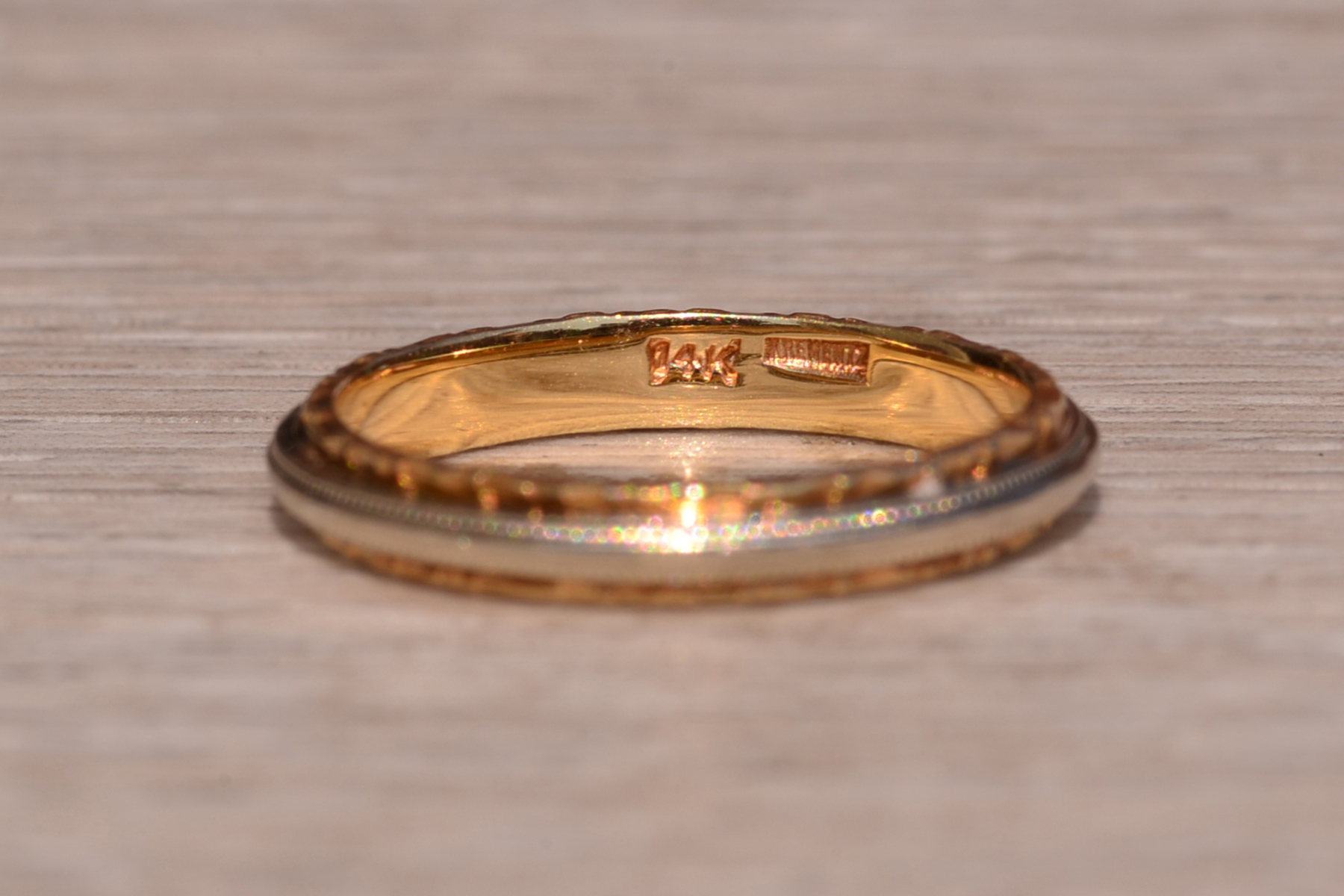 SOLD - The Scrimshaw Lane: Krementz Signed Two Tone Hand Engraved Wedding Band - Image 3