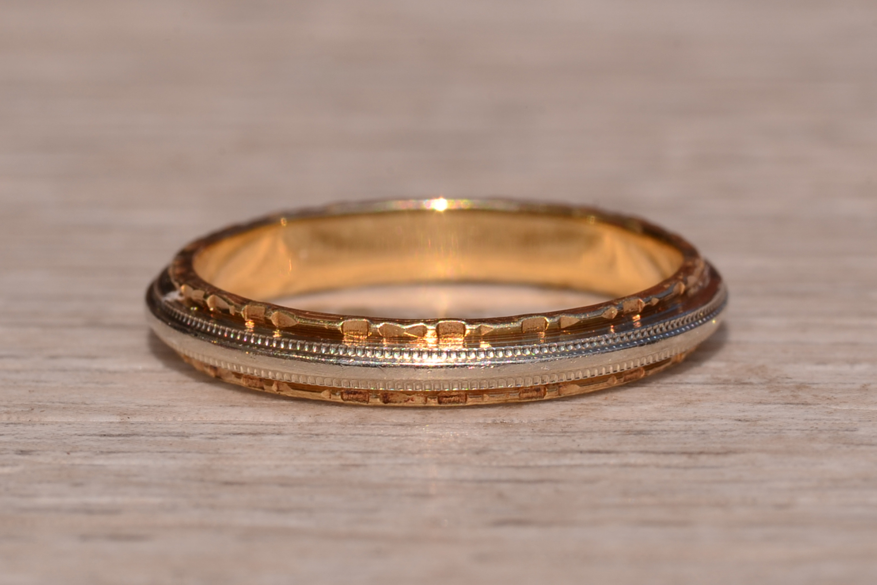 SOLD - The Scrimshaw Lane: Krementz Signed Two Tone Hand Engraved Wedding Band - Image 4