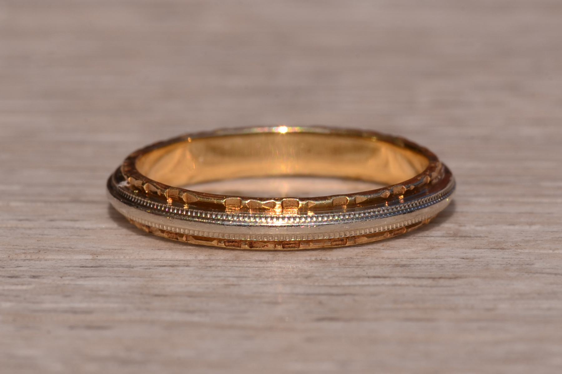 SOLD - The Scrimshaw Lane: Krementz Signed Two Tone Hand Engraved Wedding Band - Image 5