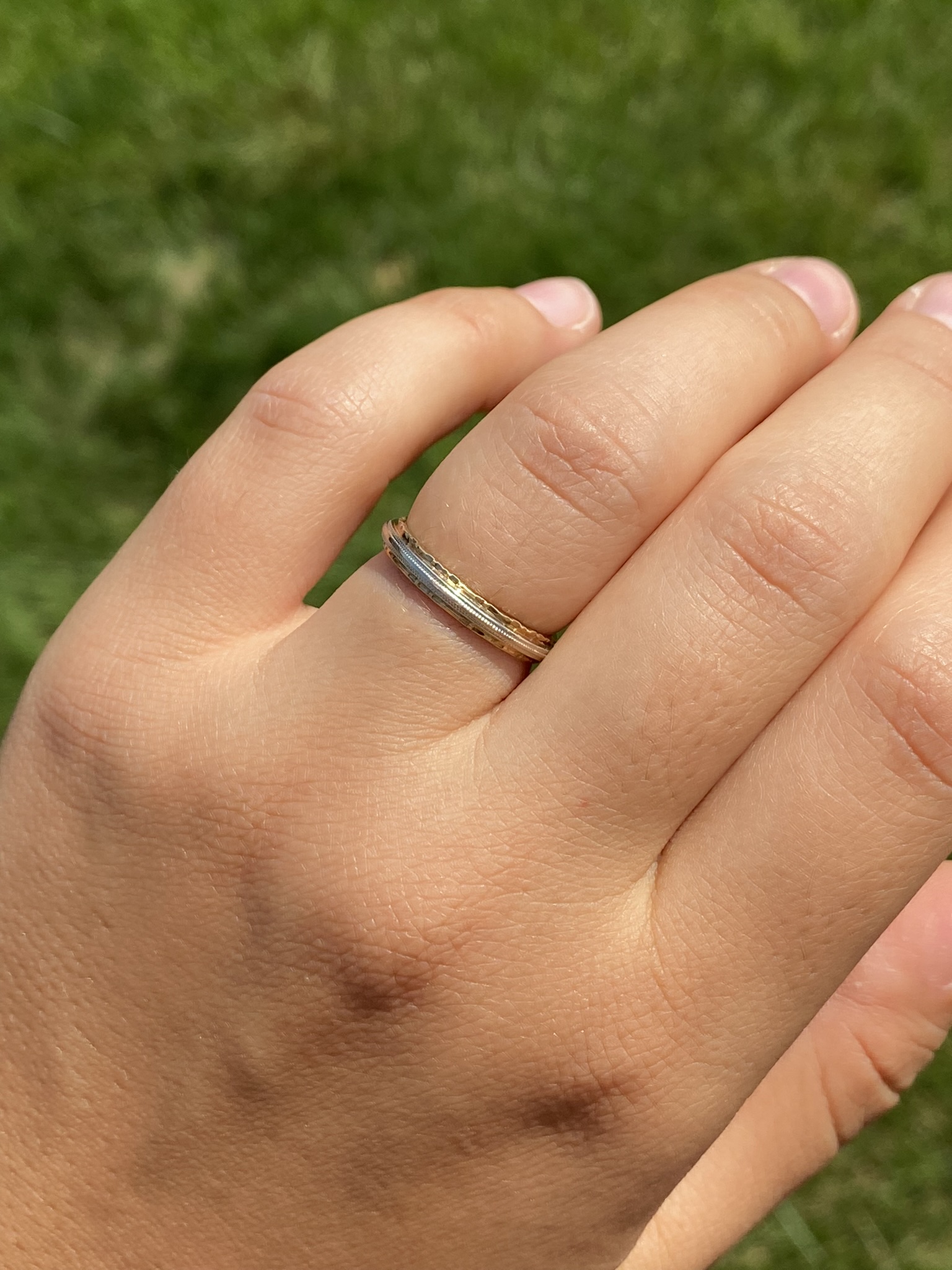 SOLD - The Scrimshaw Lane: Krementz Signed Two Tone Hand Engraved Wedding Band - Image 8