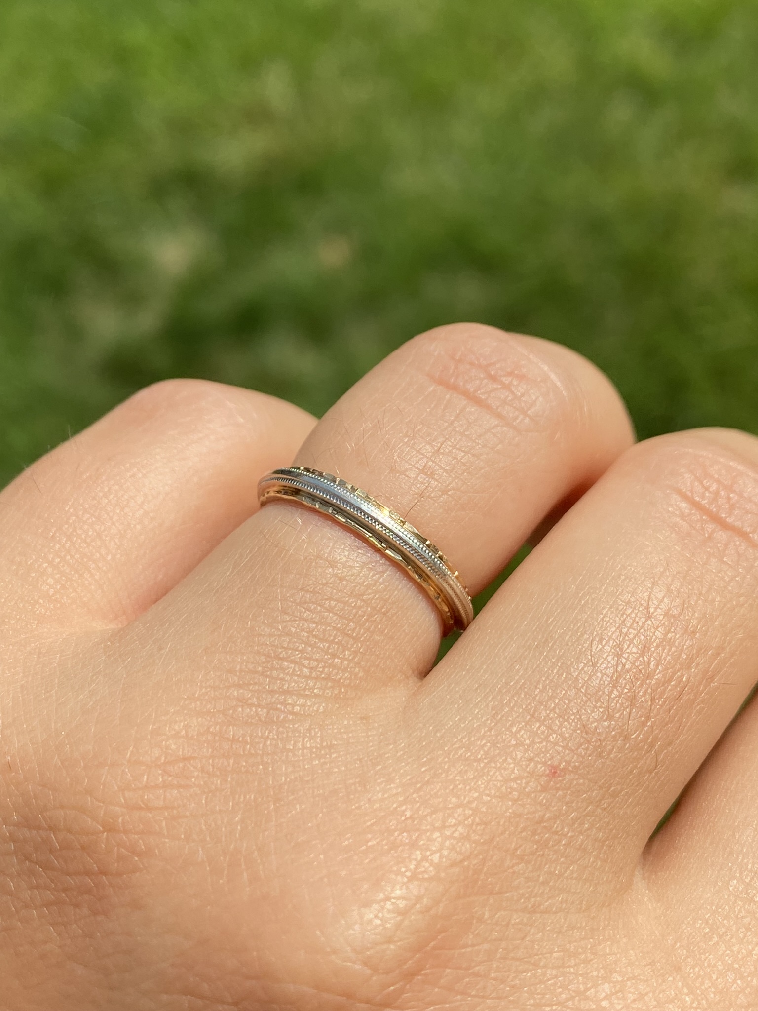 SOLD - The Scrimshaw Lane: Krementz Signed Two Tone Hand Engraved Wedding Band - Image 9