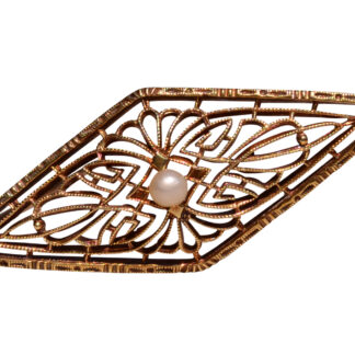 The Twin Pond Lane: Krementz Signed Yellow Gold Filigree Brooch with Seed Pearl
