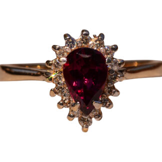 SOLD - The Bryan Road:  Rhodolite Garnet Ring with Diamond Halo in Yellow Gold