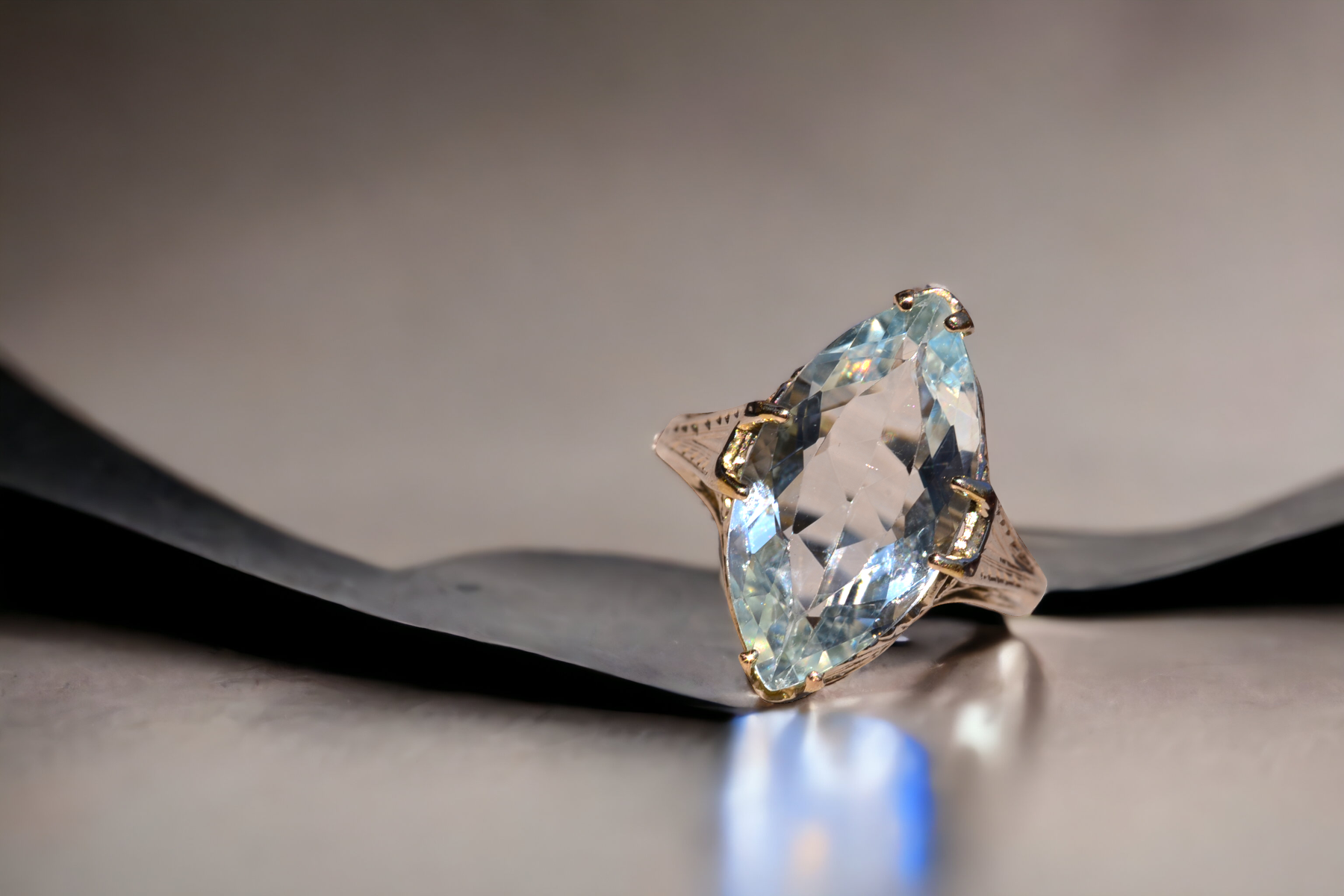 SOLD - The Seaview Ave: Antique Art Deco Aquamarine Navette Ring - Image 11
