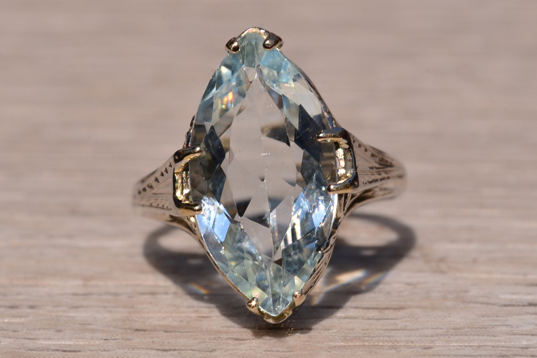 SOLD - The Seaview Ave: Antique Art Deco Aquamarine Navette Ring - Image 2