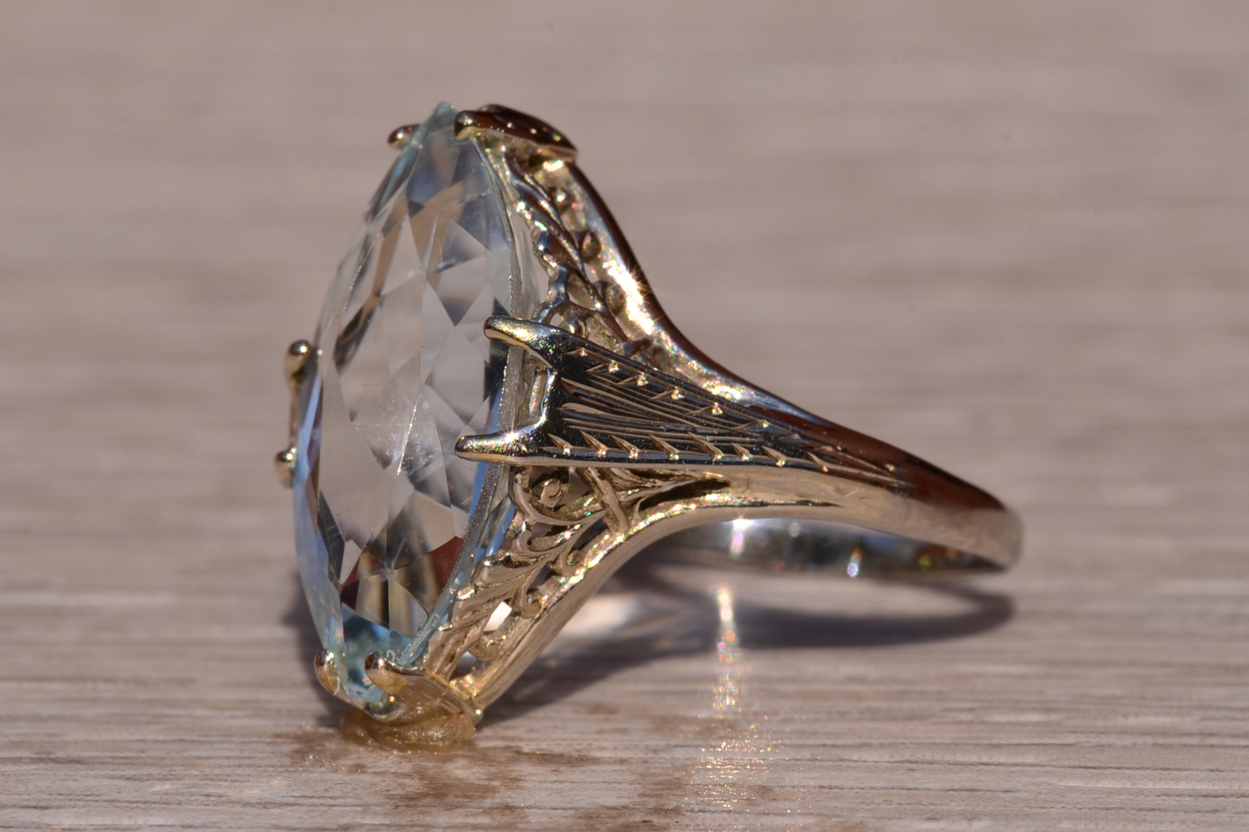SOLD - The Seaview Ave: Antique Art Deco Aquamarine Navette Ring - Image 3