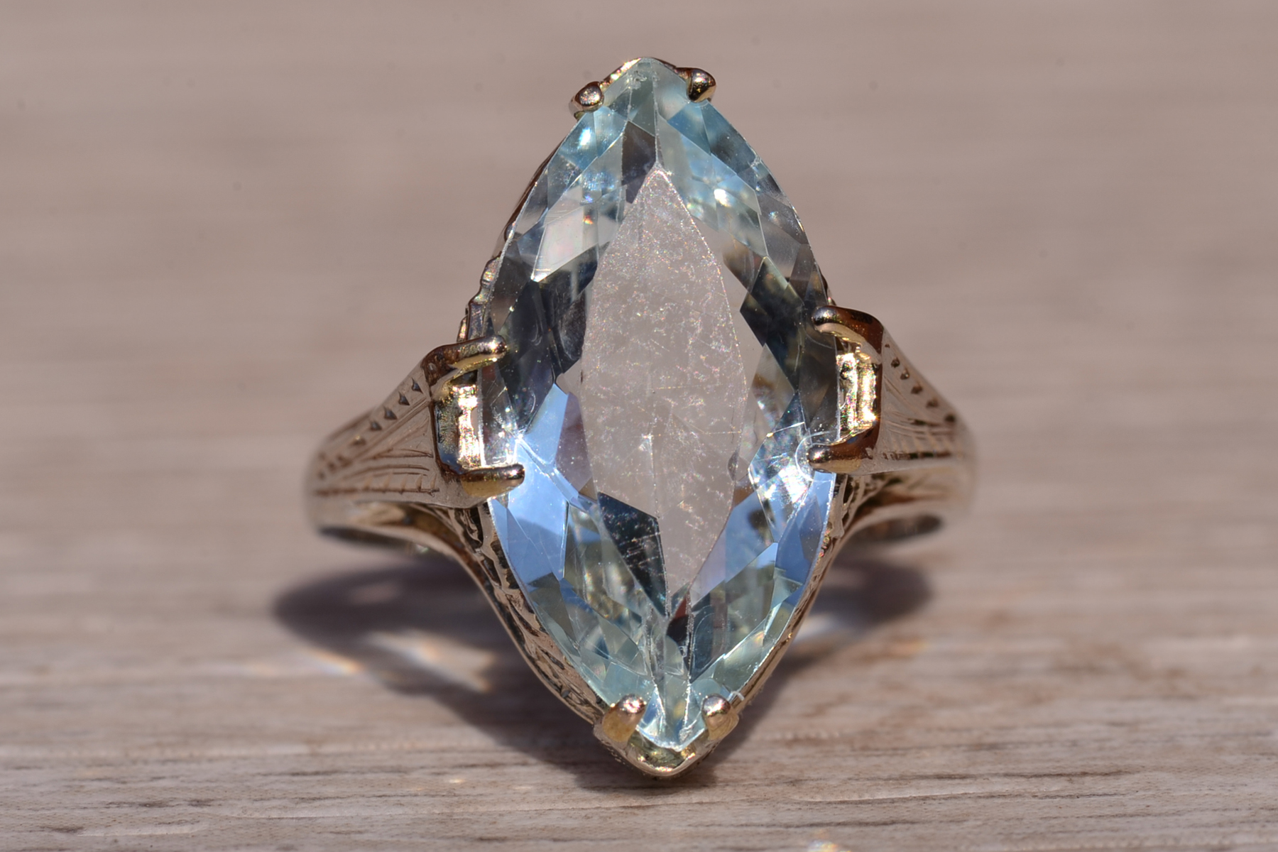 SOLD - The Seaview Ave: Antique Art Deco Aquamarine Navette Ring - Image 7