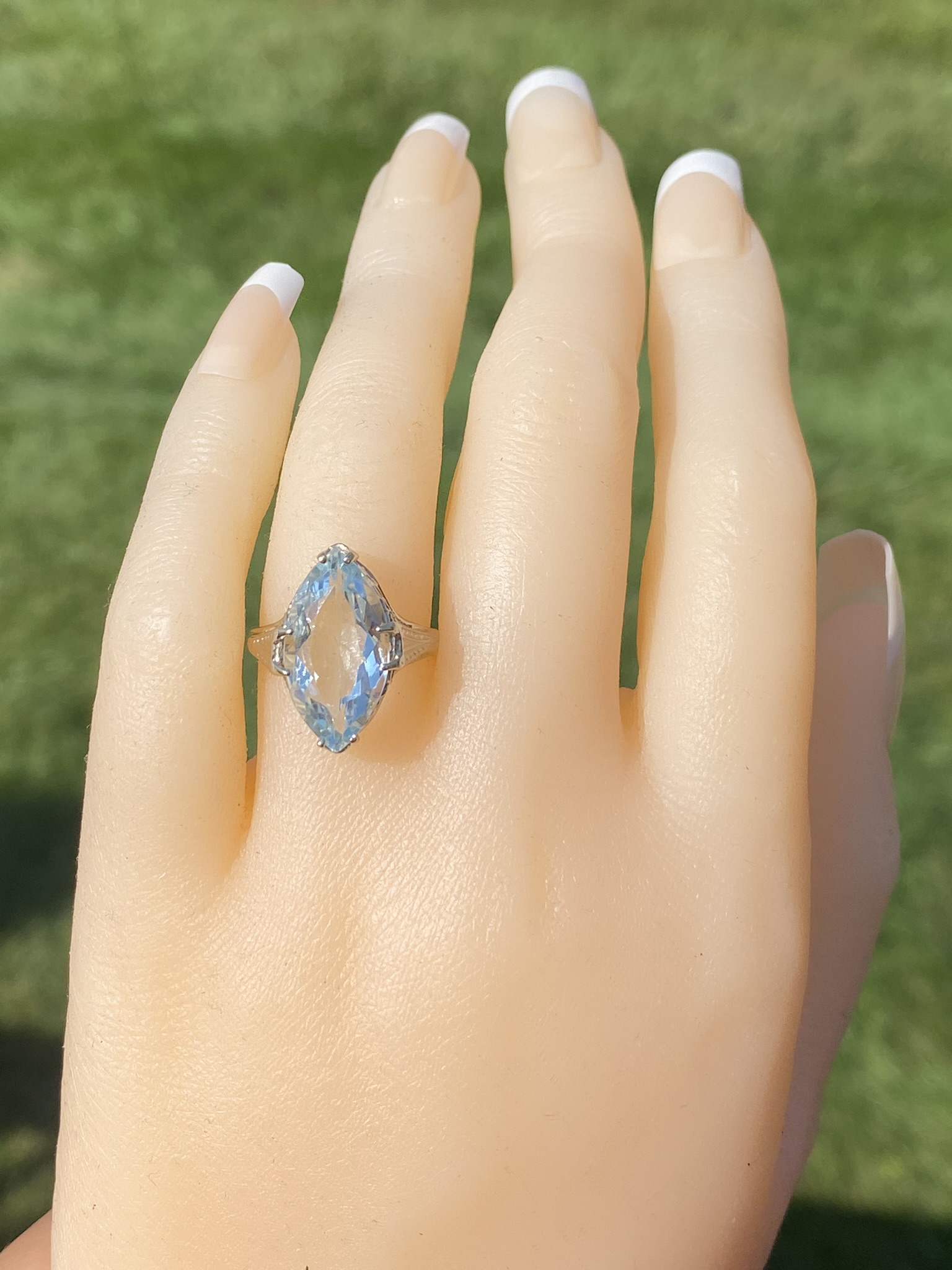 SOLD - The Seaview Ave: Antique Art Deco Aquamarine Navette Ring - Image 8