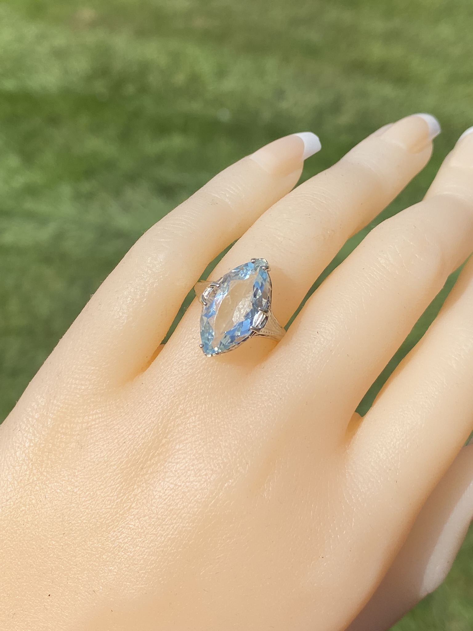 SOLD - The Seaview Ave: Antique Art Deco Aquamarine Navette Ring - Image 9