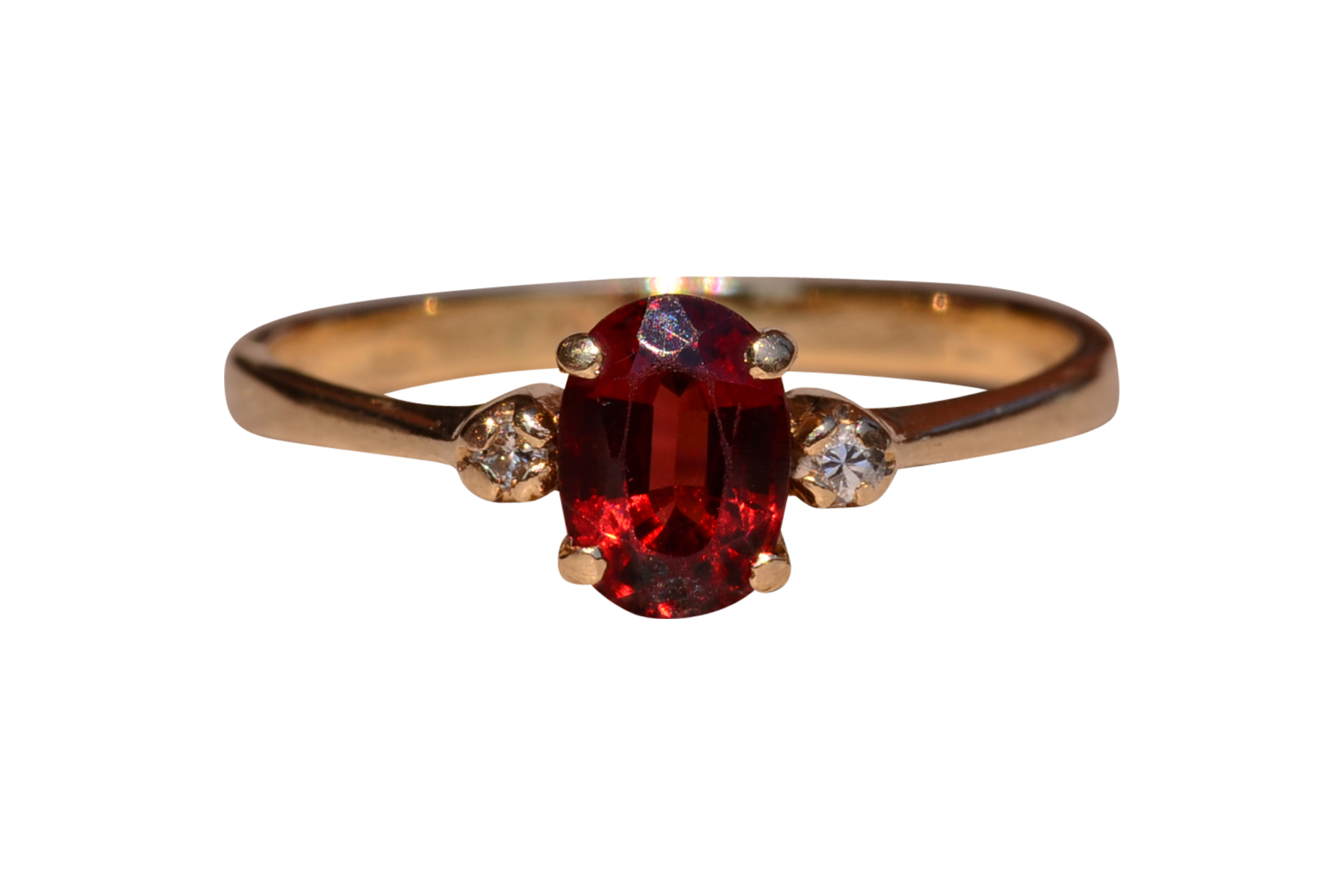 The Caswell: Garnet and Diamond Three Stone Ring In Yellow Gold