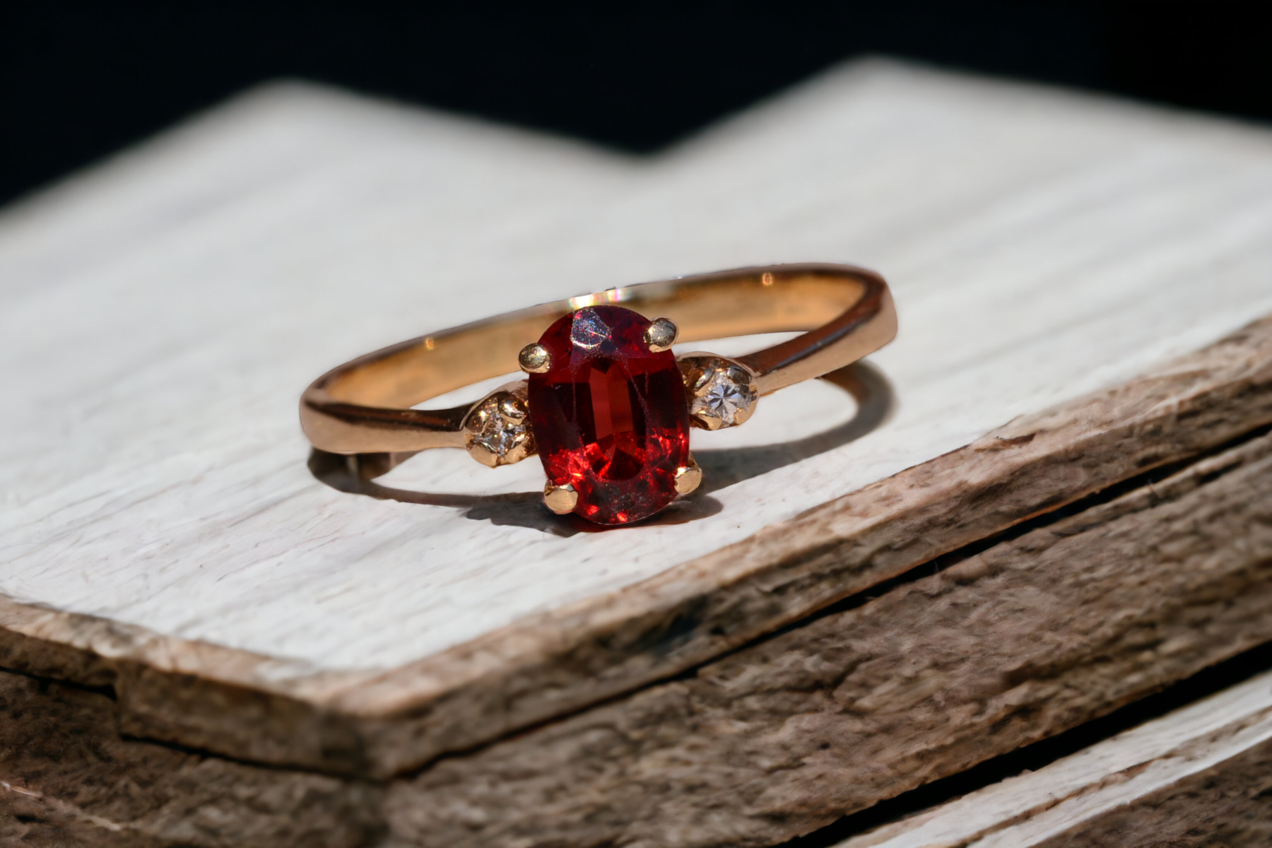 The Caswell: Garnet and Diamond Three Stone Ring In Yellow Gold - Image 11