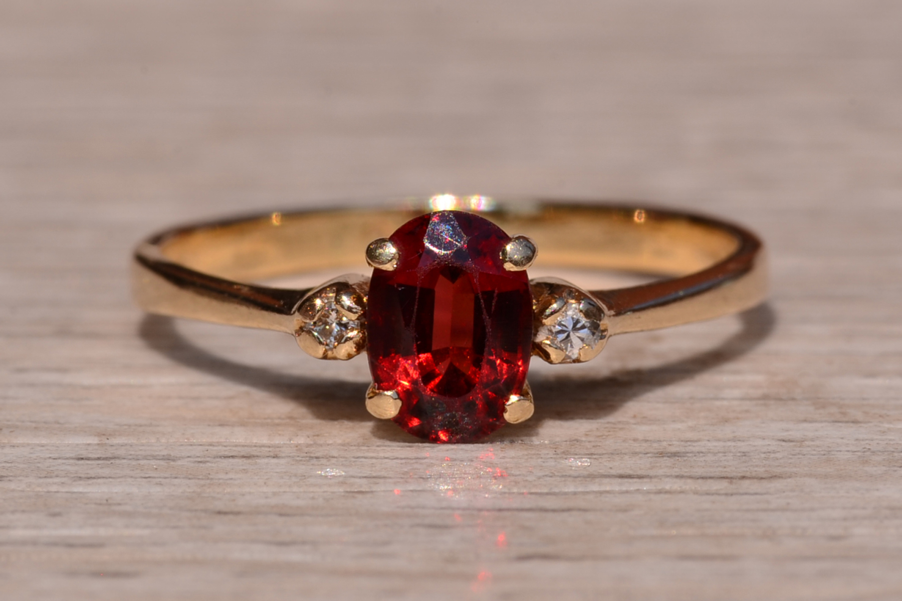 The Caswell: Garnet and Diamond Three Stone Ring In Yellow Gold - Image 2