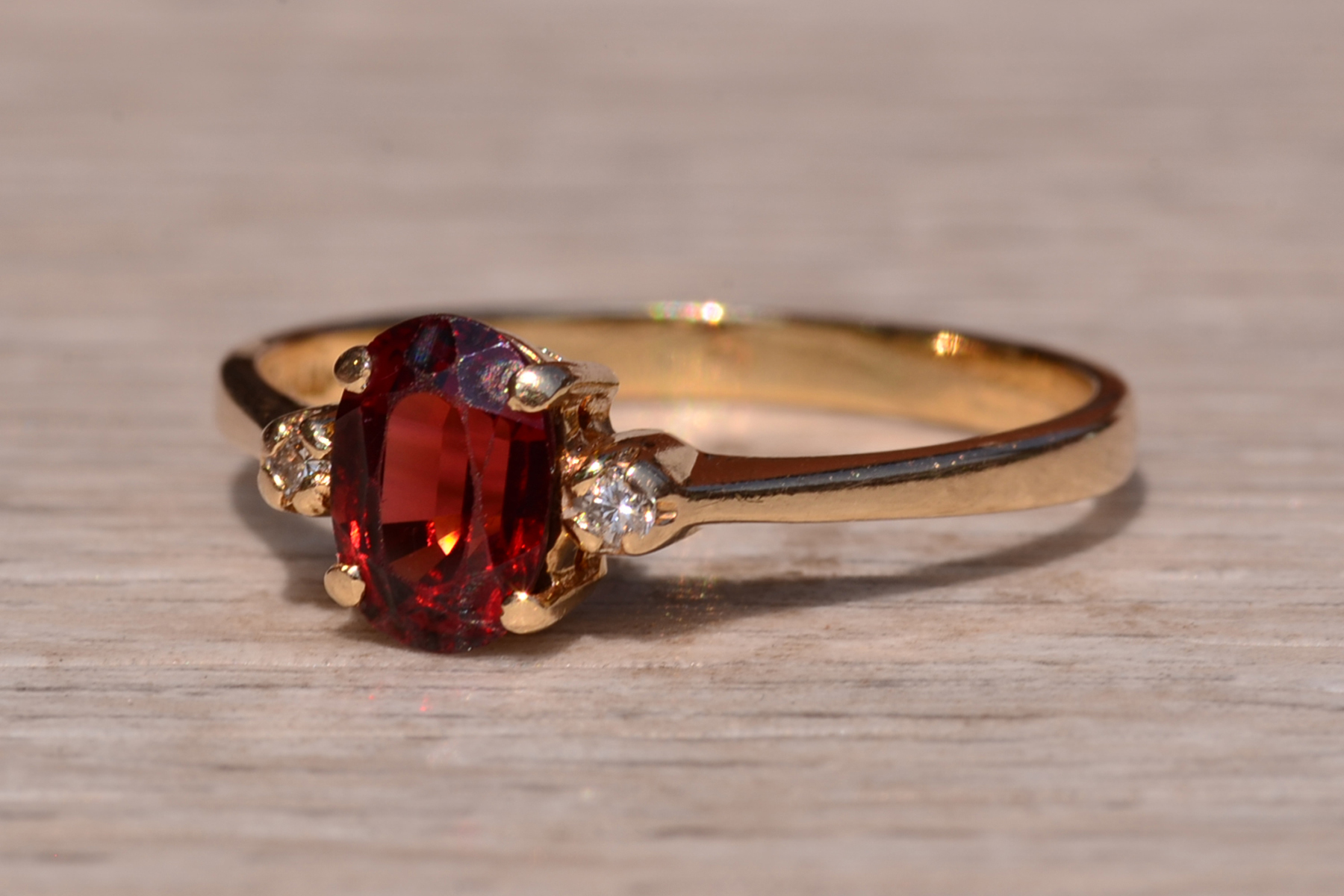 The Caswell: Garnet and Diamond Three Stone Ring In Yellow Gold - Image 3