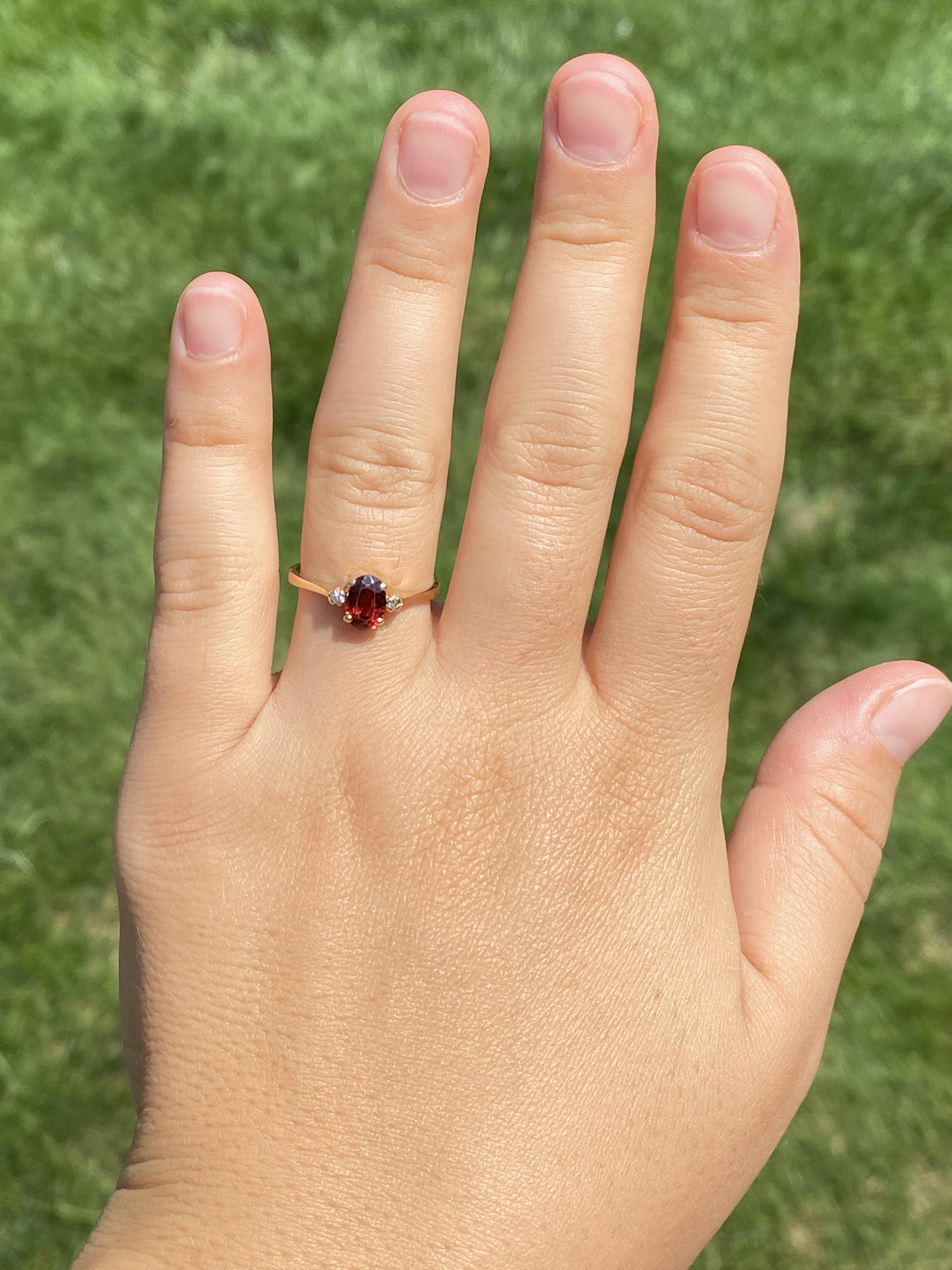 The Caswell: Garnet and Diamond Three Stone Ring In Yellow Gold - Image 8