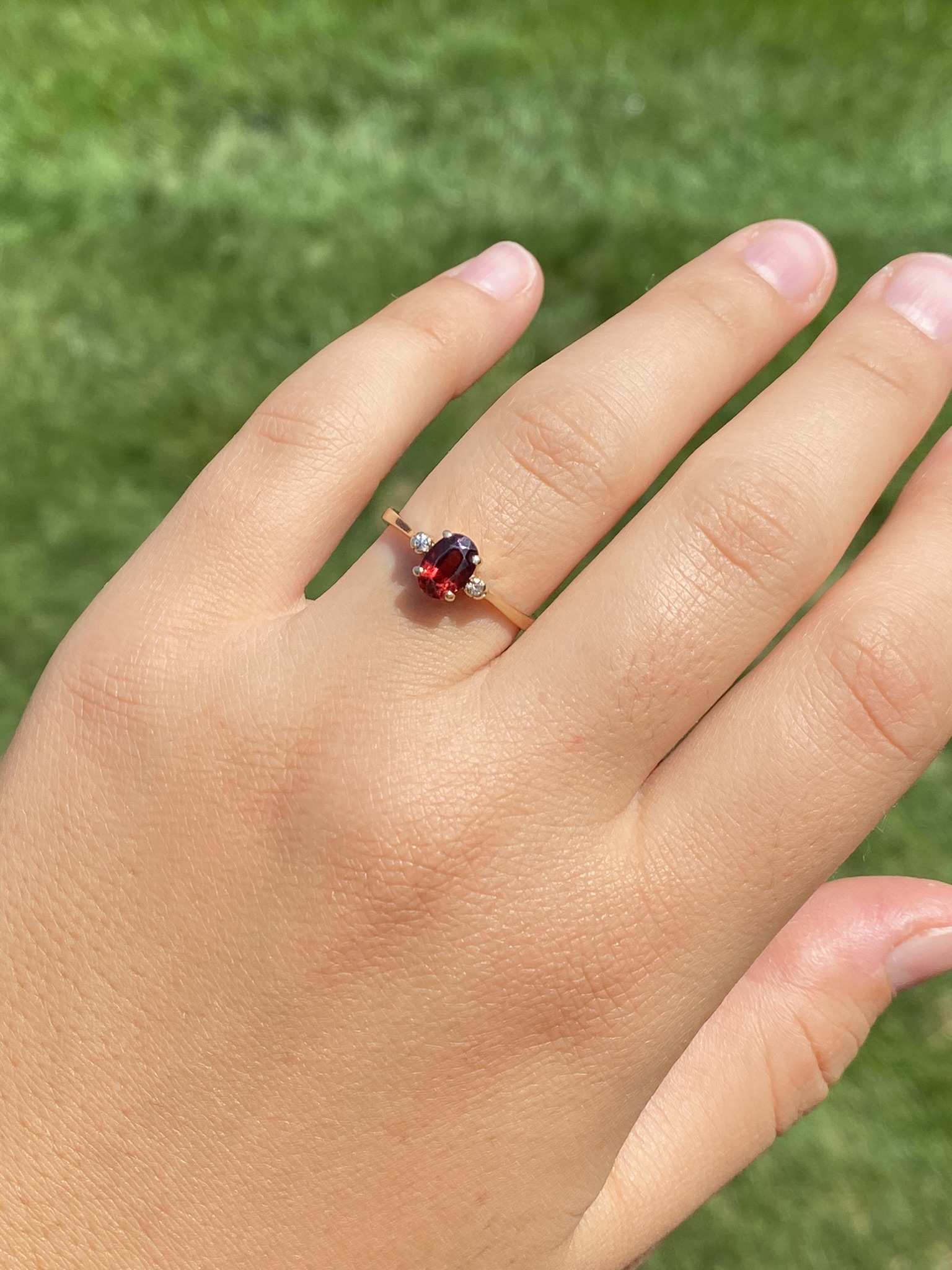 The Caswell: Garnet and Diamond Three Stone Ring In Yellow Gold - Image 9