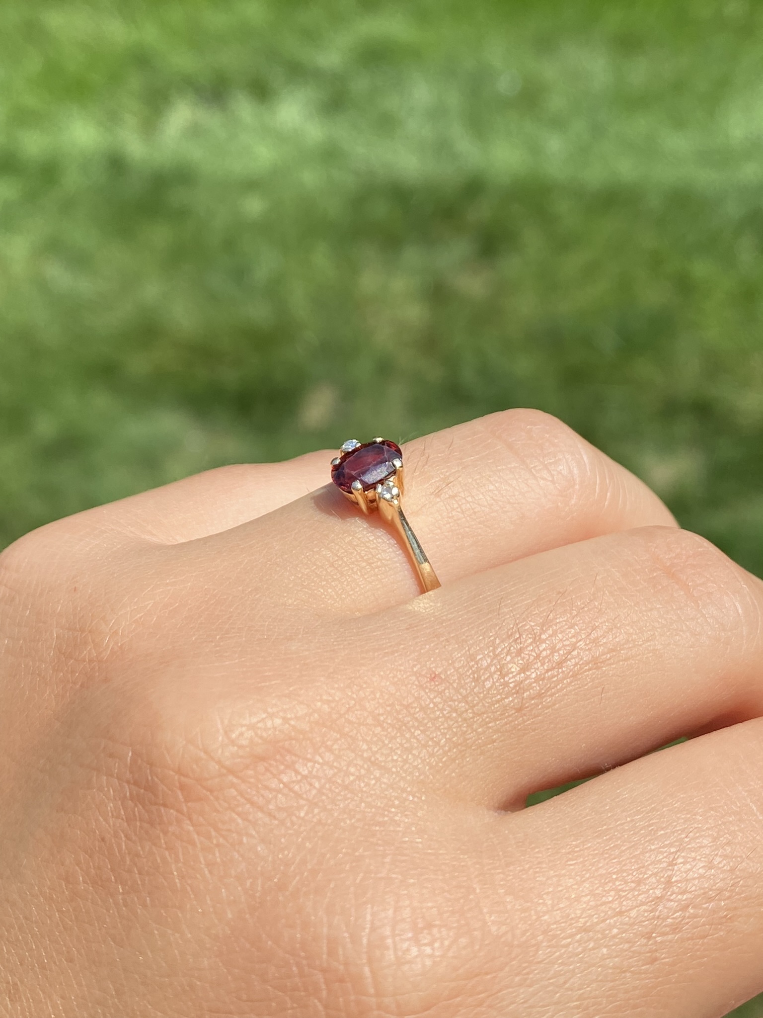 The Caswell: Garnet and Diamond Three Stone Ring In Yellow Gold - Image 10