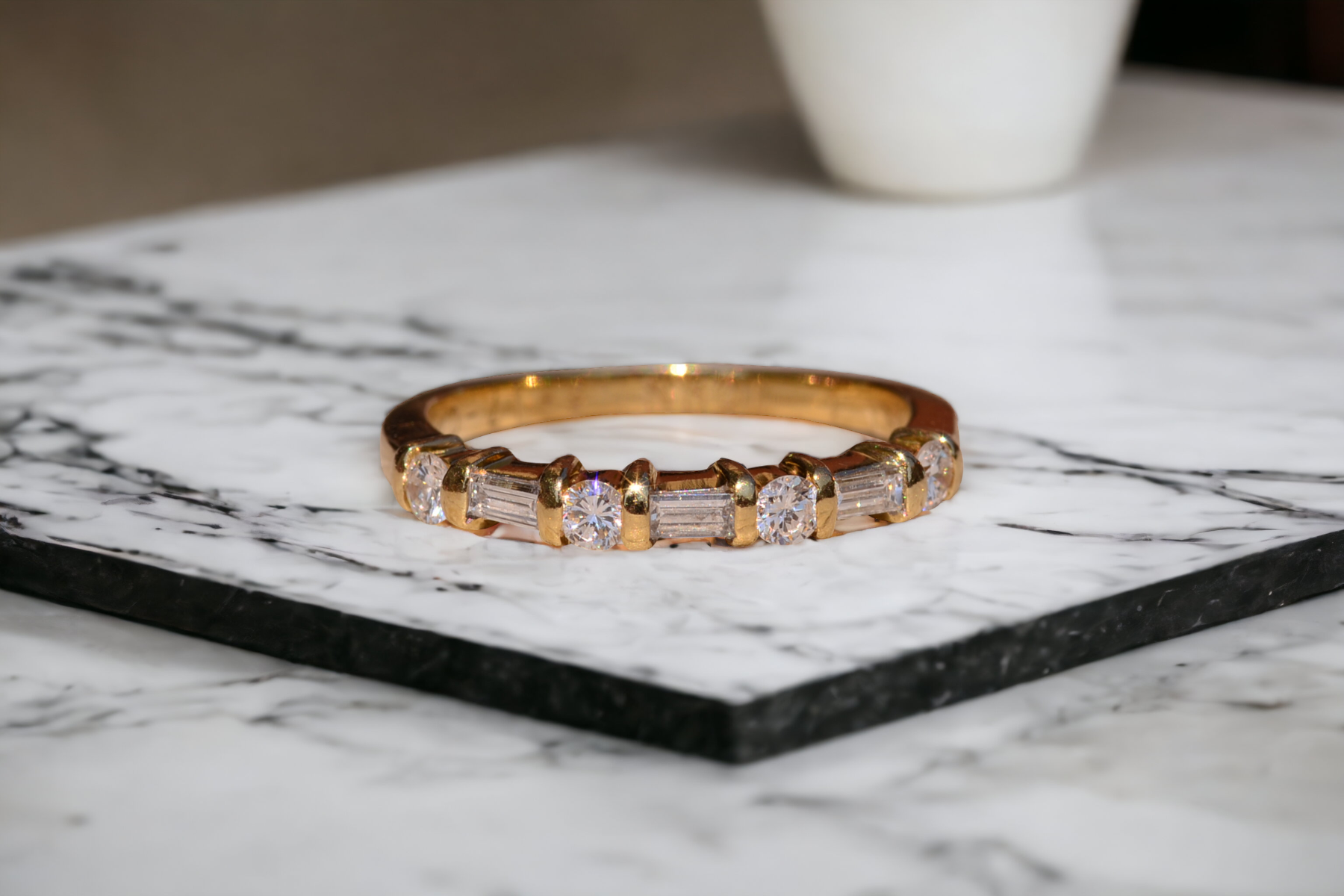 SOLD: The Rehan Ave: Straight Baguette and Round Natural Diamond Band In Yellow Gold - Image 11