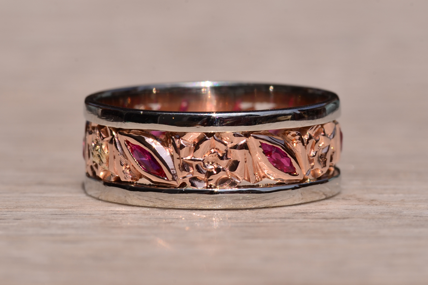 The Palo Rosa: Antique White Gold and Rose Gold Eternity Band with Ruby - Image 2