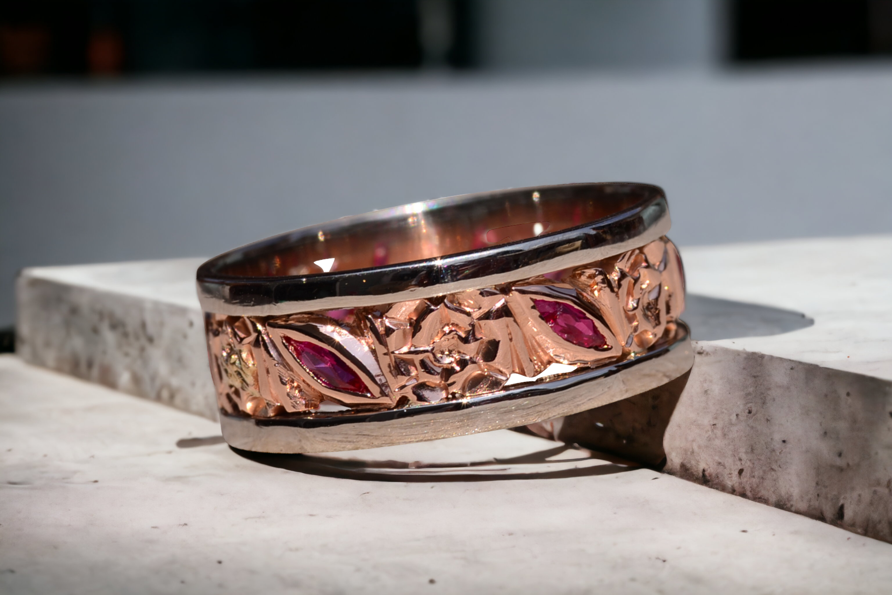 The Palo Rosa: Antique White Gold and Rose Gold Eternity Band with Ruby - Image 7