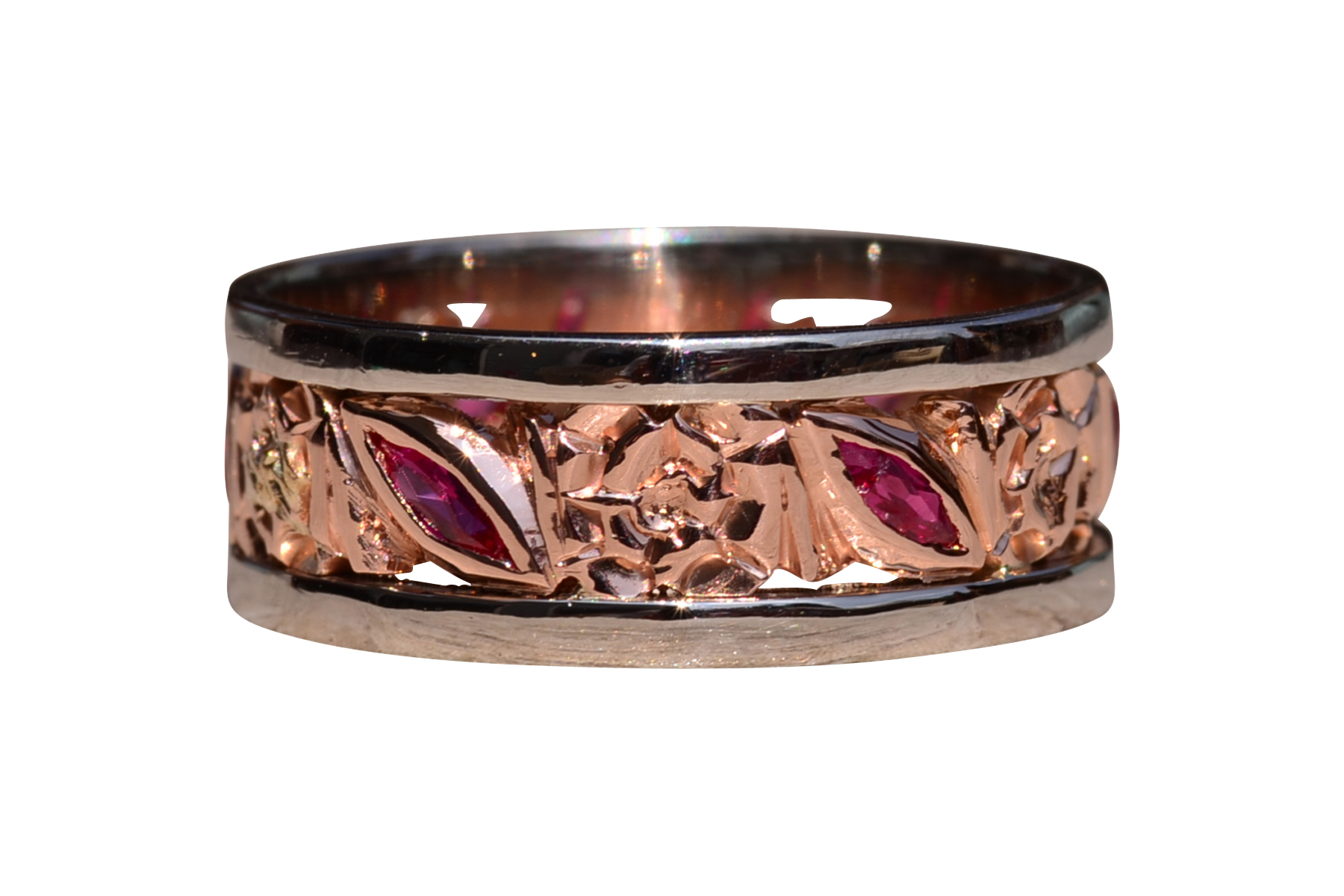 The Palo Rosa: Antique White Gold and Rose Gold Eternity Band with Ruby