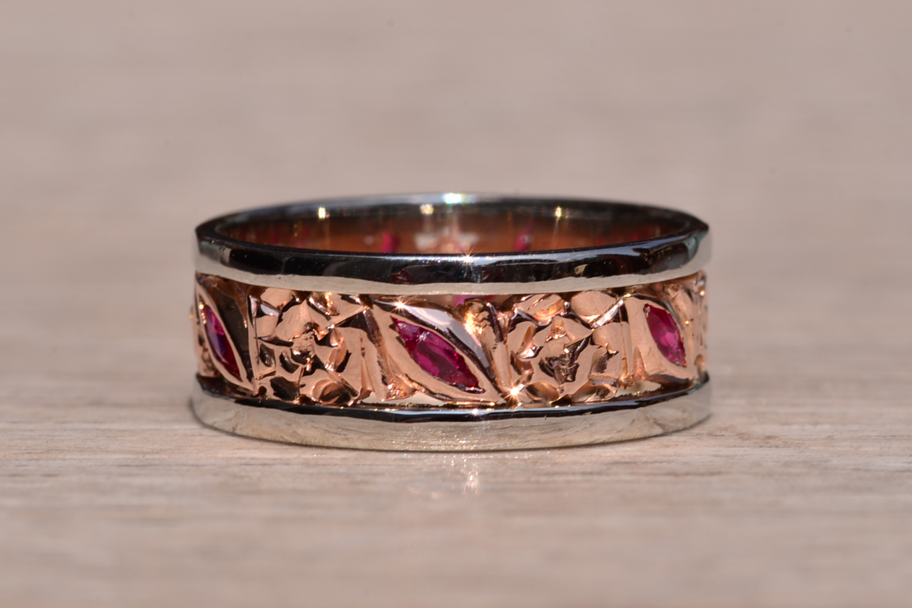 The Palo Rosa: Antique White Gold and Rose Gold Eternity Band with Ruby - Image 3