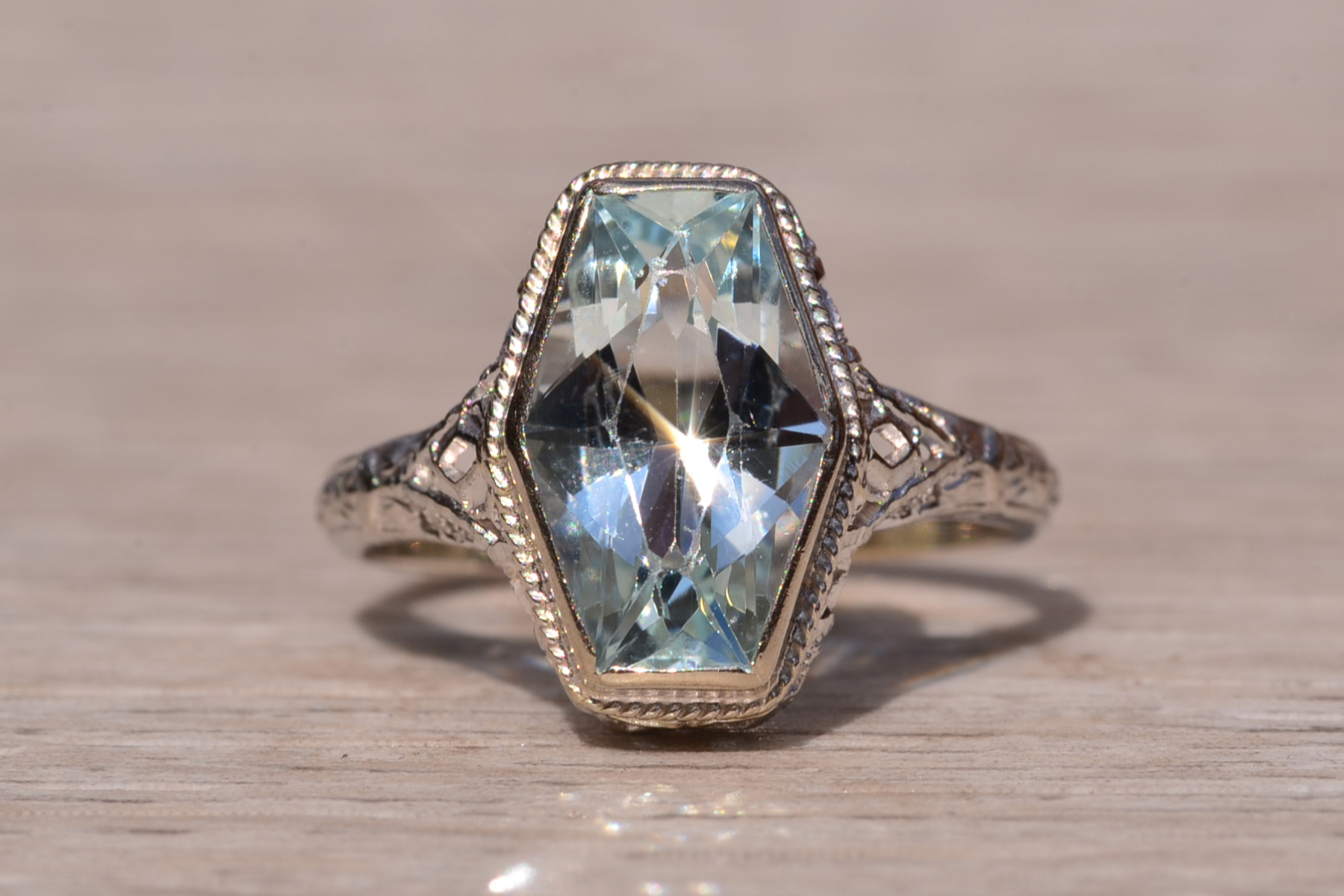 SOLD - The Karron: Ladies Antique Novelty Cut Aquamarine Filigree Ring in 14K - Image 2