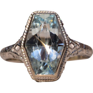 SOLD - The Karron:  Ladies Antique Novelty Cut Aquamarine Filigree Ring in 14K