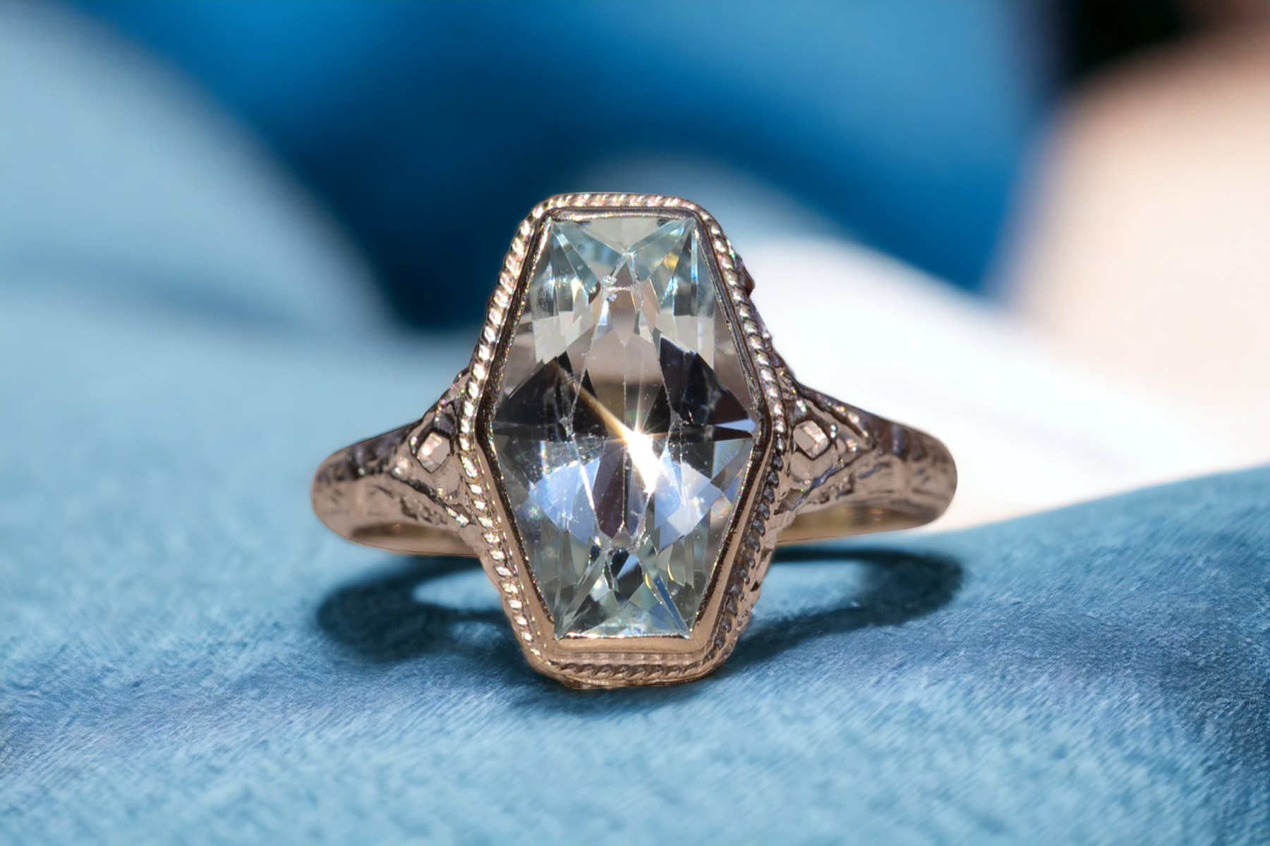 SOLD - The Karron: Ladies Antique Novelty Cut Aquamarine Filigree Ring in 14K - Image 11