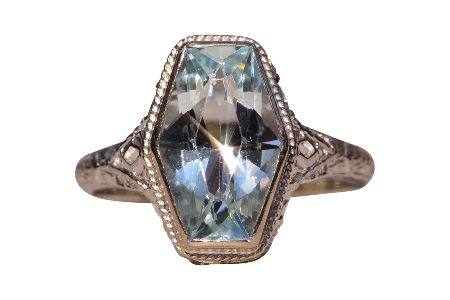 SOLD - The Karron: Ladies Antique Novelty Cut Aquamarine Filigree Ring in 14K