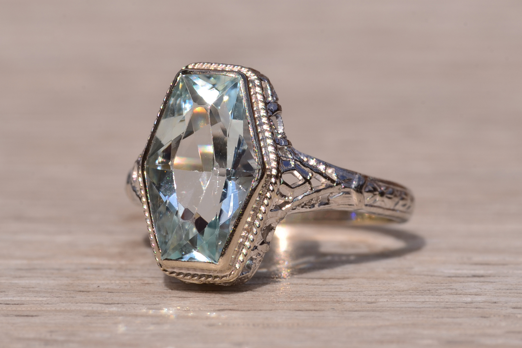 SOLD - The Karron: Ladies Antique Novelty Cut Aquamarine Filigree Ring in 14K - Image 3