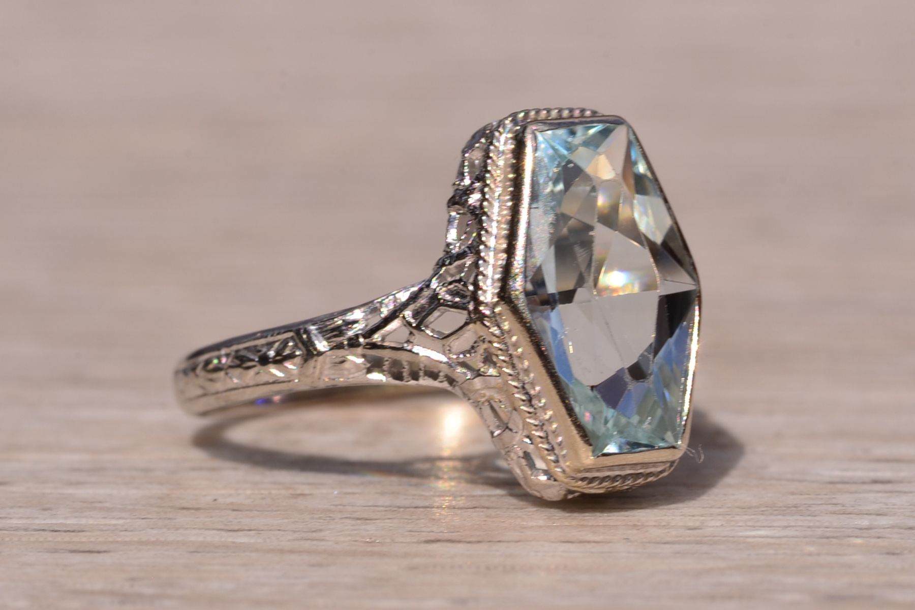 SOLD - The Karron: Ladies Antique Novelty Cut Aquamarine Filigree Ring in 14K - Image 7