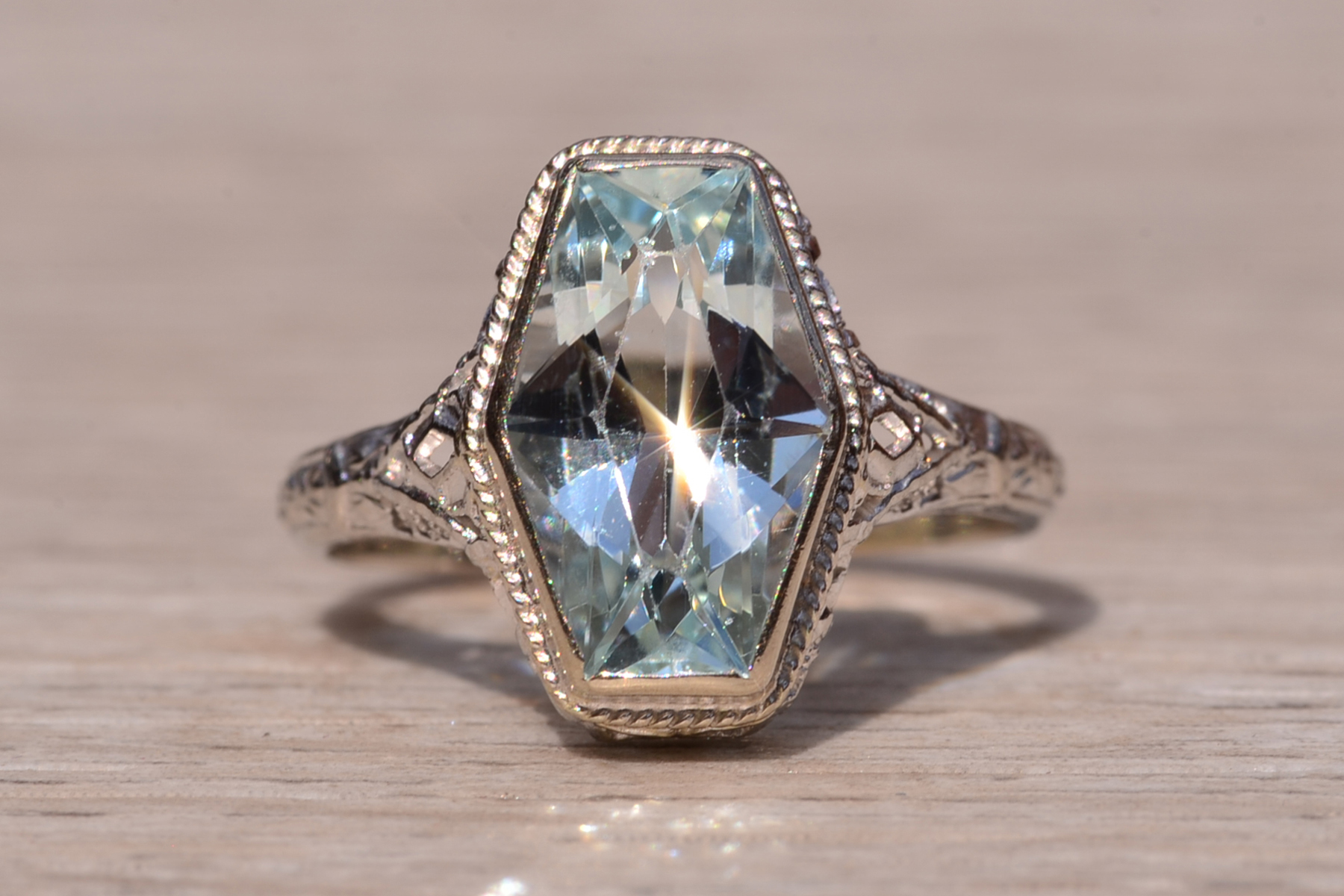 SOLD - The Karron: Ladies Antique Novelty Cut Aquamarine Filigree Ring in 14K - Image 6
