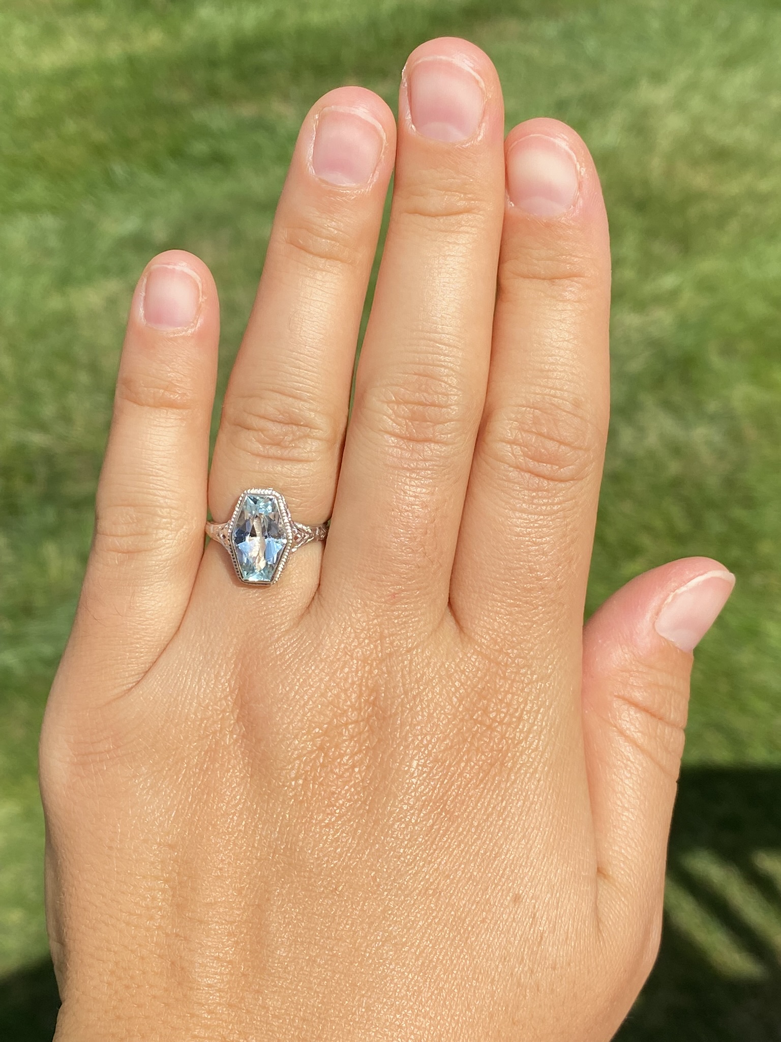SOLD - The Karron: Ladies Antique Novelty Cut Aquamarine Filigree Ring in 14K - Image 8
