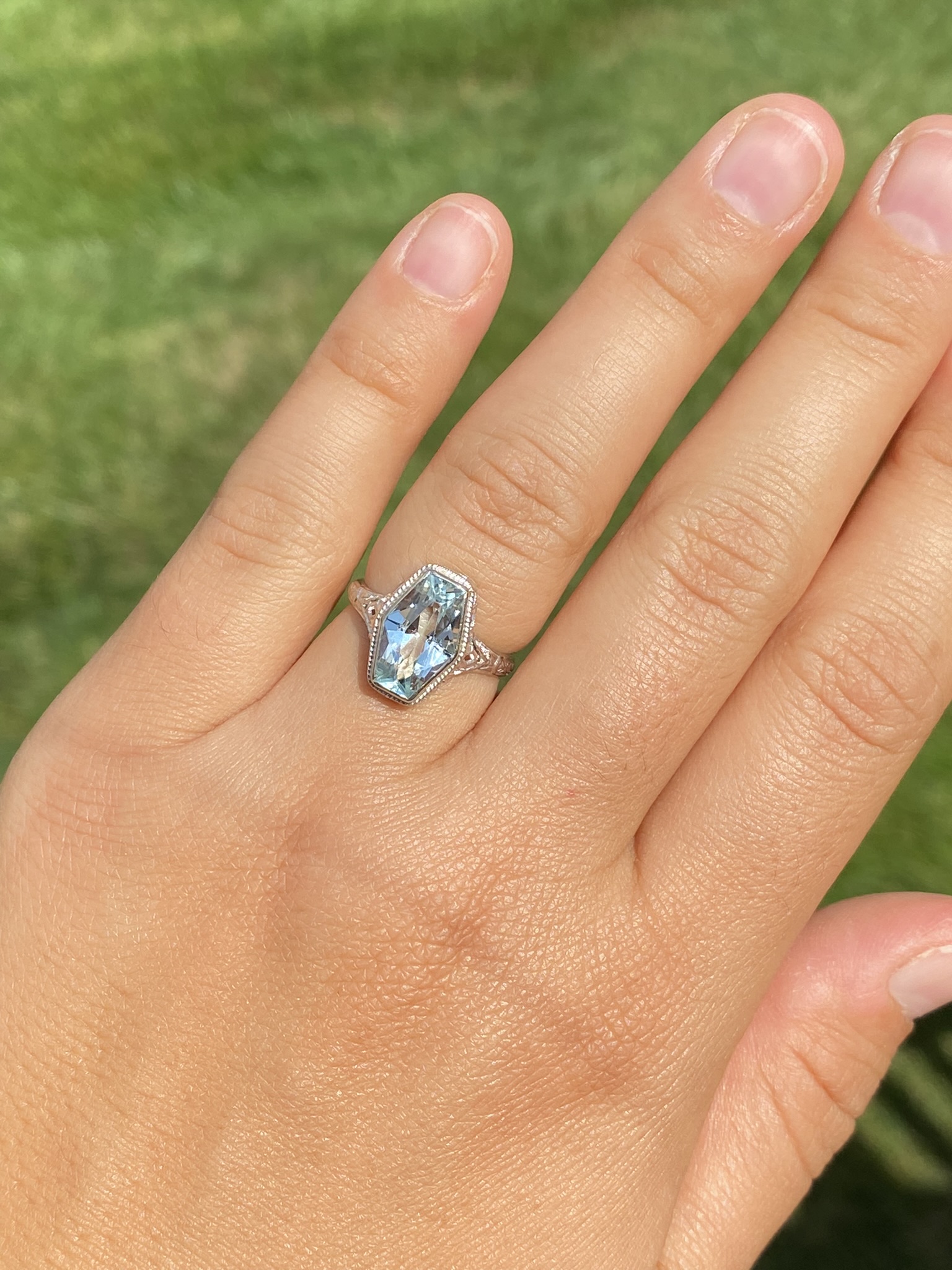 SOLD - The Karron: Ladies Antique Novelty Cut Aquamarine Filigree Ring in 14K - Image 9