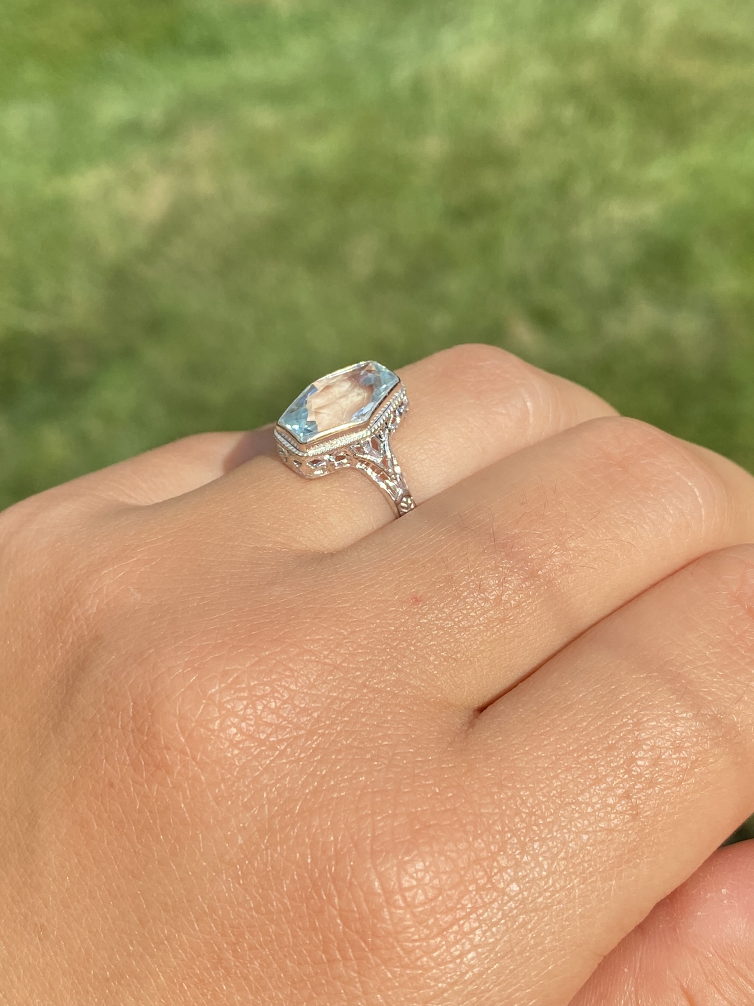 SOLD - The Karron: Ladies Antique Novelty Cut Aquamarine Filigree Ring in 14K - Image 10